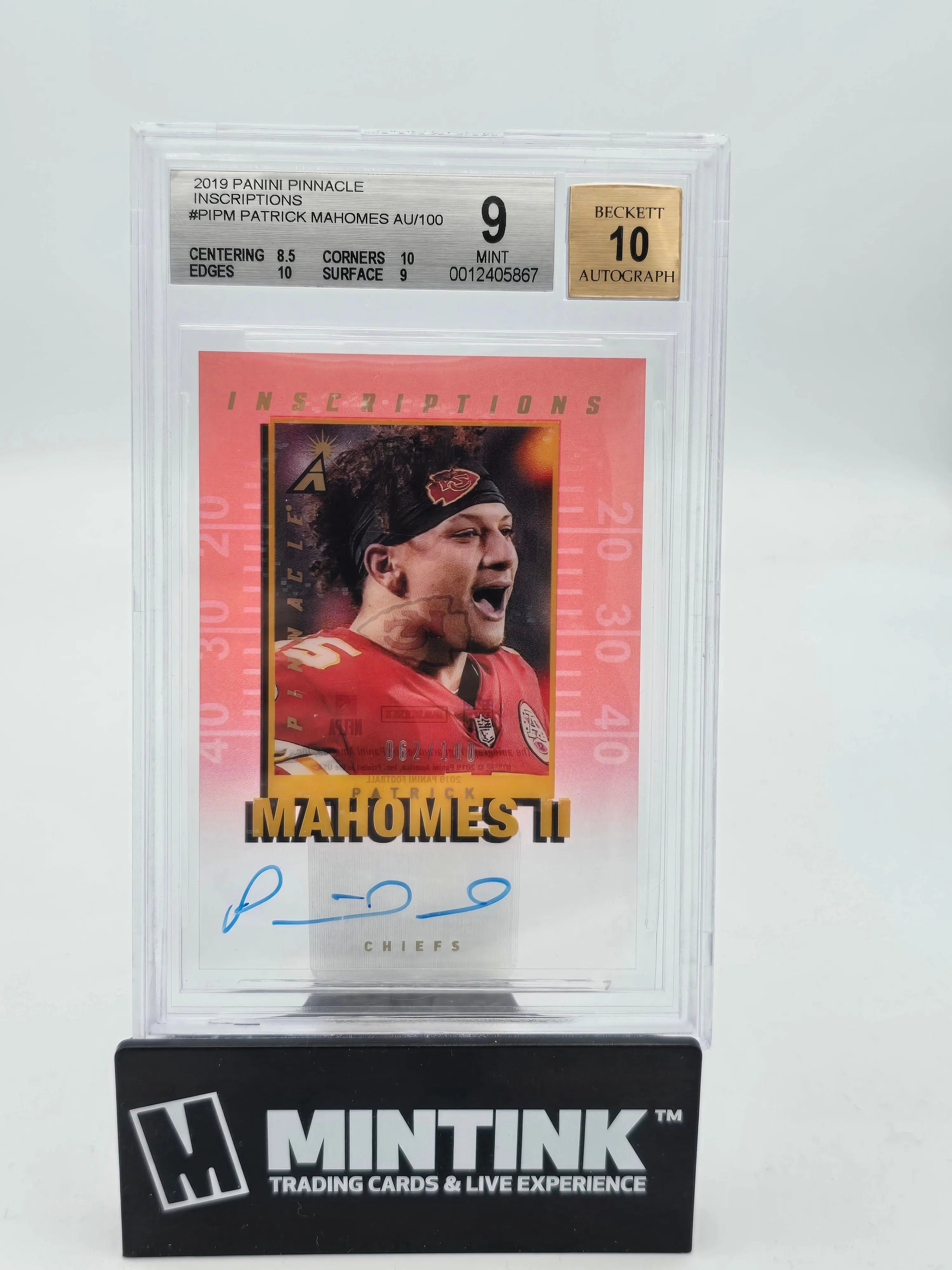 2019 Panini Pinnacle Clear Inscriptions Patrick Mahomes II Autograph Card BGS 9/100 - Rare Football Collectible for Sports Memorabilia & Investment