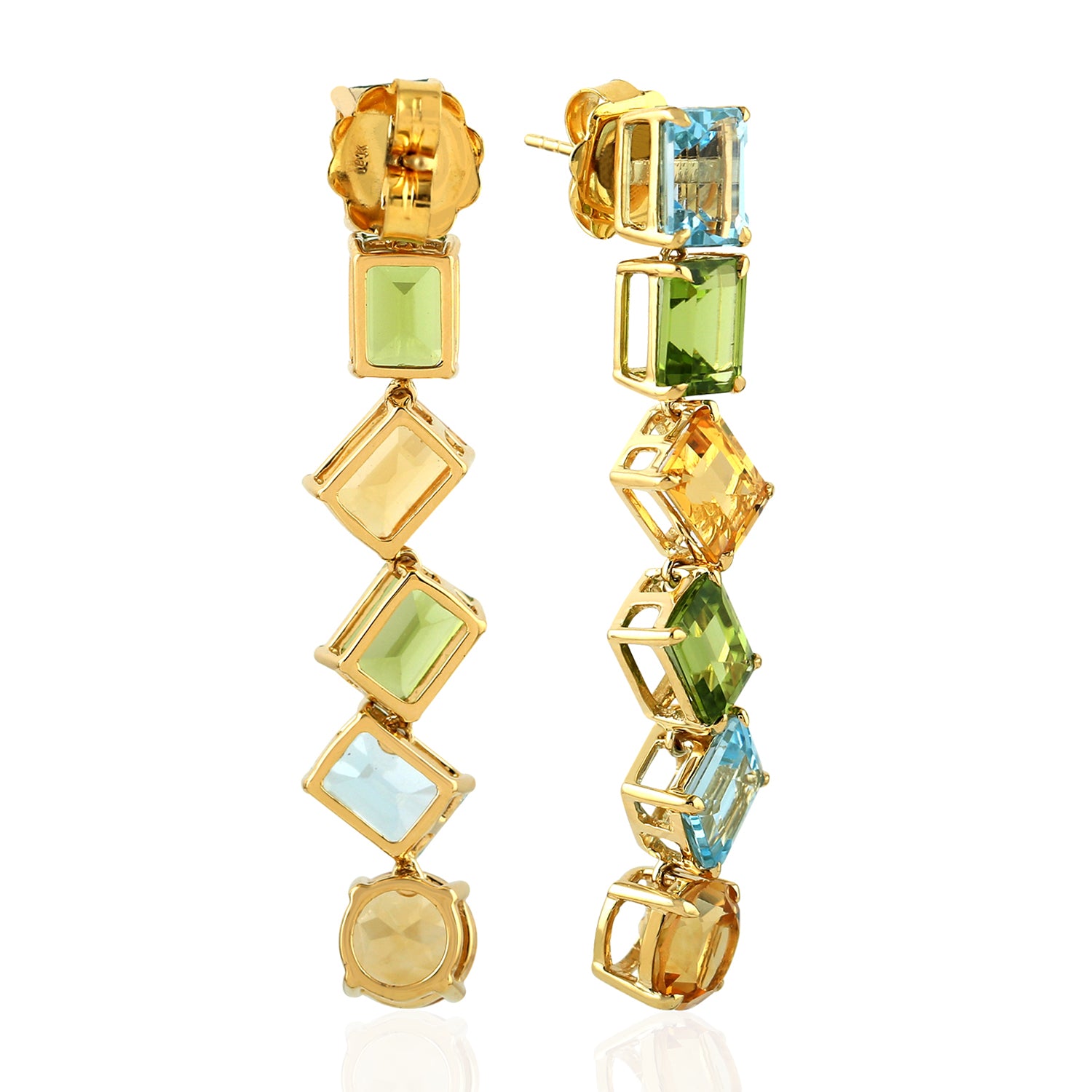 Baguette Cut Blue Topaz Peridot Citrine Gemstone Dangle Earrings in 14K Yellow Gold for Women | Elegant Party & Wedding Jewelry Gift