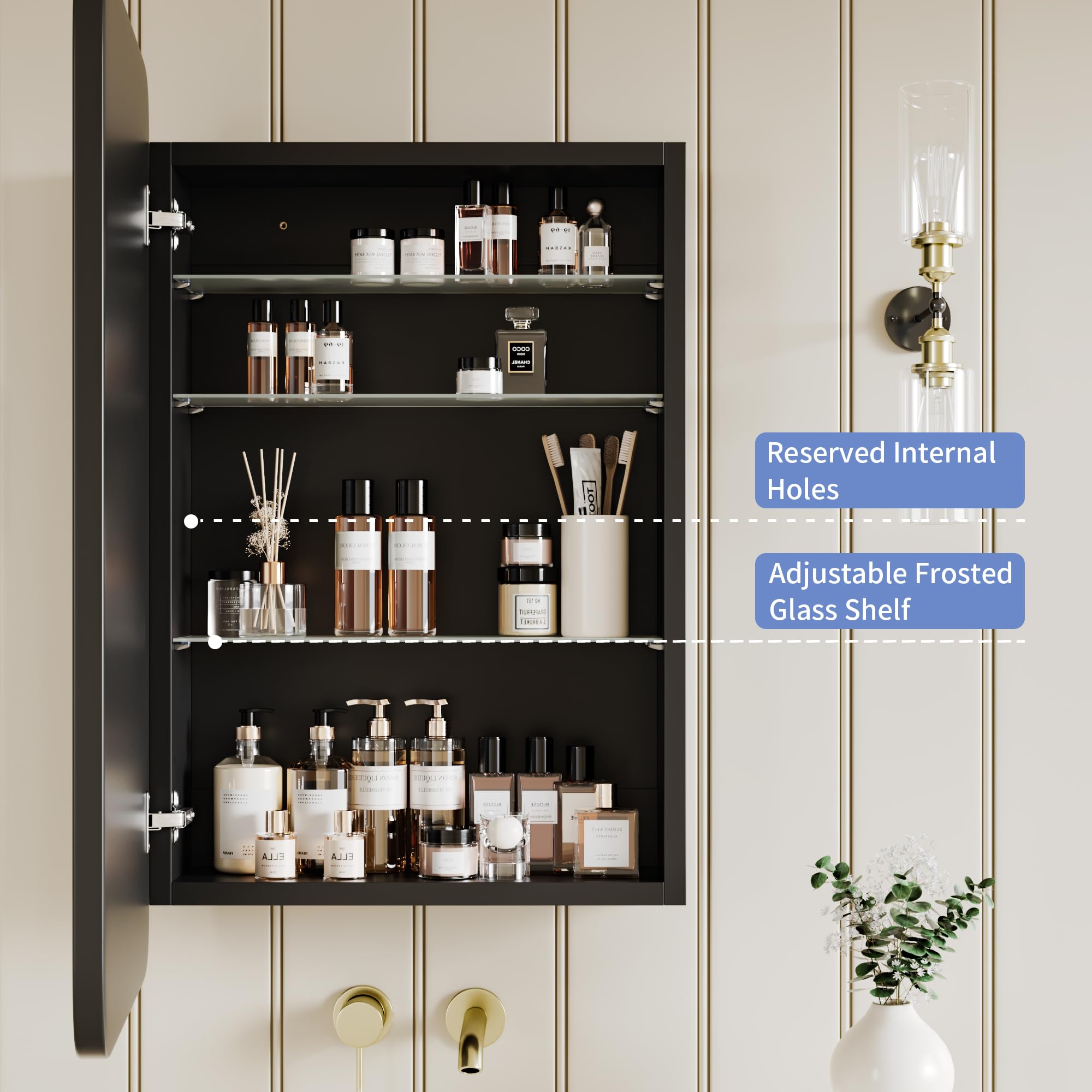 20''x30'' Black Wood Bathroom Storage Cabinet with Metal Frame & Curved Mirror - Recessed Medicine Cabinet for Vanity, Makeup Organization & Bathroom Decor