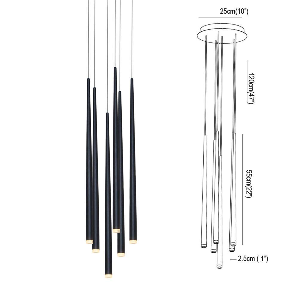 6-Light LED Pendant Lighting Fixture - Modern Adjustable Long Tube Hanging Lamp with Warm White 3000K (18W) - Black for Living Room, Dining Room, Stairwell - Perfect for Kitchen Island, Bar Counter, and Entryway Lighting