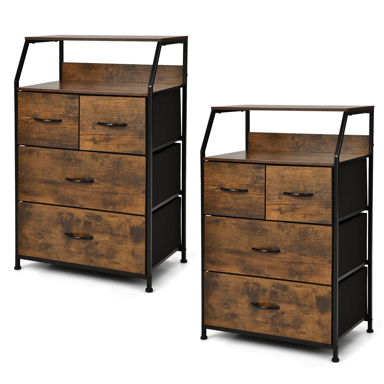 Giantex 4-Drawer Dresser Set of 2, Tall Storage Tower with 4 Foldable Fabric Drawers & Open Shelves, Solid Wood Top & Sturdy Metal Frame, Anti-Tip Design for Safety - Perfect for Bedroom, Hallway, Closet Organization & Small Space Storage Solutions