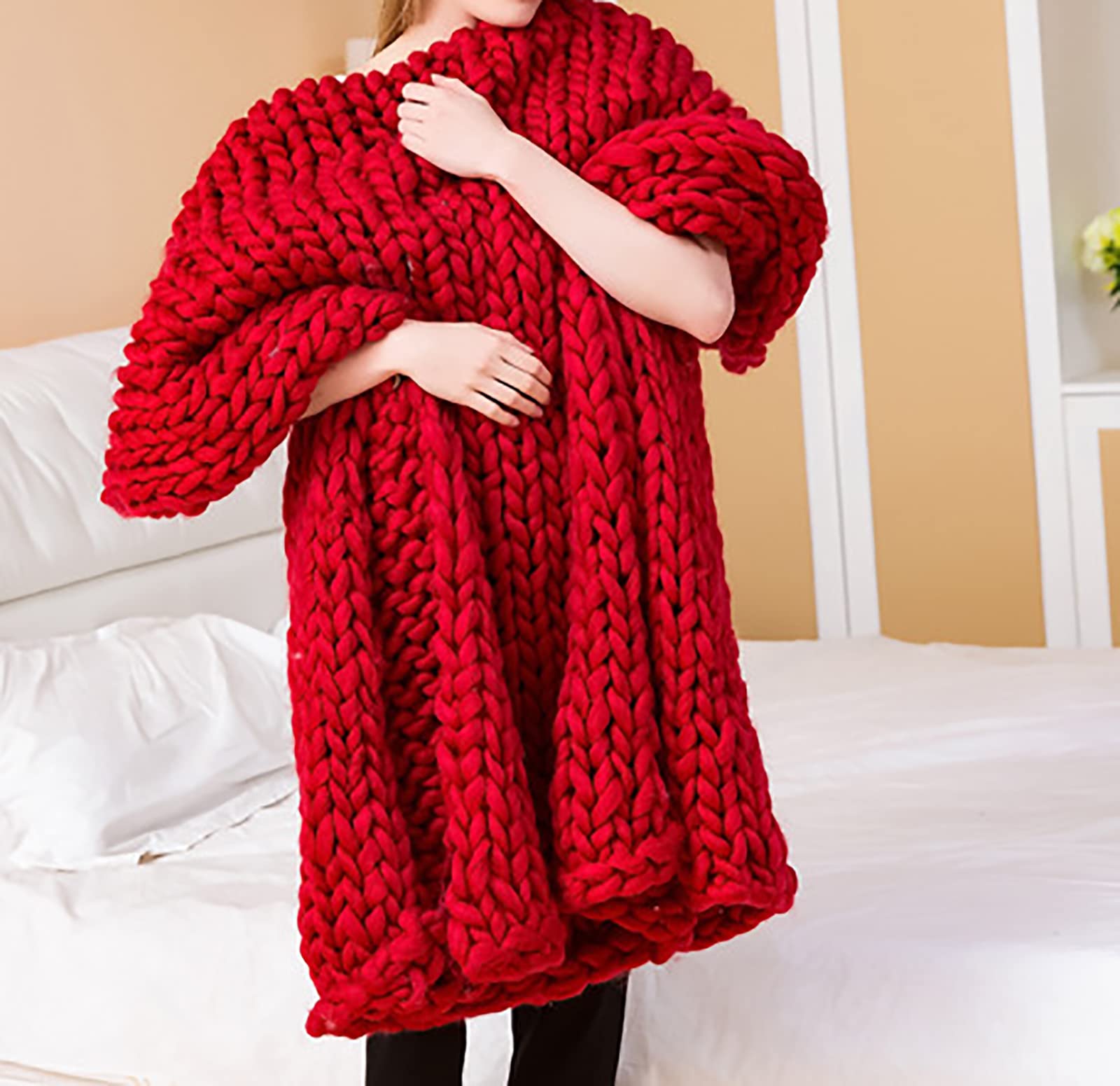 Chunky Knit Throw Blanket - Handmade Soft Warm Wool Blanket for Bed & Sofa - 47x59 Inch Red Cozy Knitted Bedspread - Perfect for Winter Nights, Living Room Decor & Gift Giving
