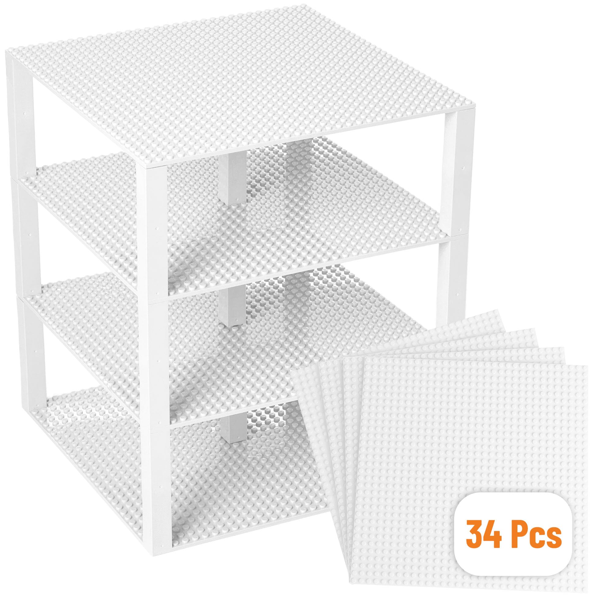 Strictly Briks LEGO-Compatible Stackable Baseplates - 4 White 10x10 Inch Base Plates & 30 Stackers - 100% Compatible with All Major Building Brick Brands - Perfect for Towers, Shelves & Creative Play