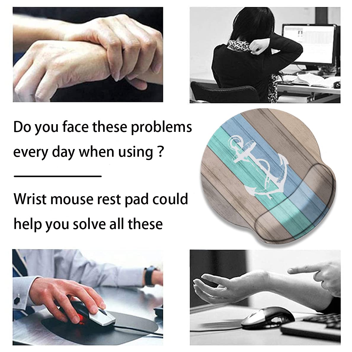Ergonomic Gaming Mouse Pad with Wrist Rest Gel - Non-Slip PU Base & Smooth Surface - Comfortable & Durable for Office & Home Use - Beach Wood Nautical Anchor Design - Perfect for PC Gaming, Workstations & Home Desktops