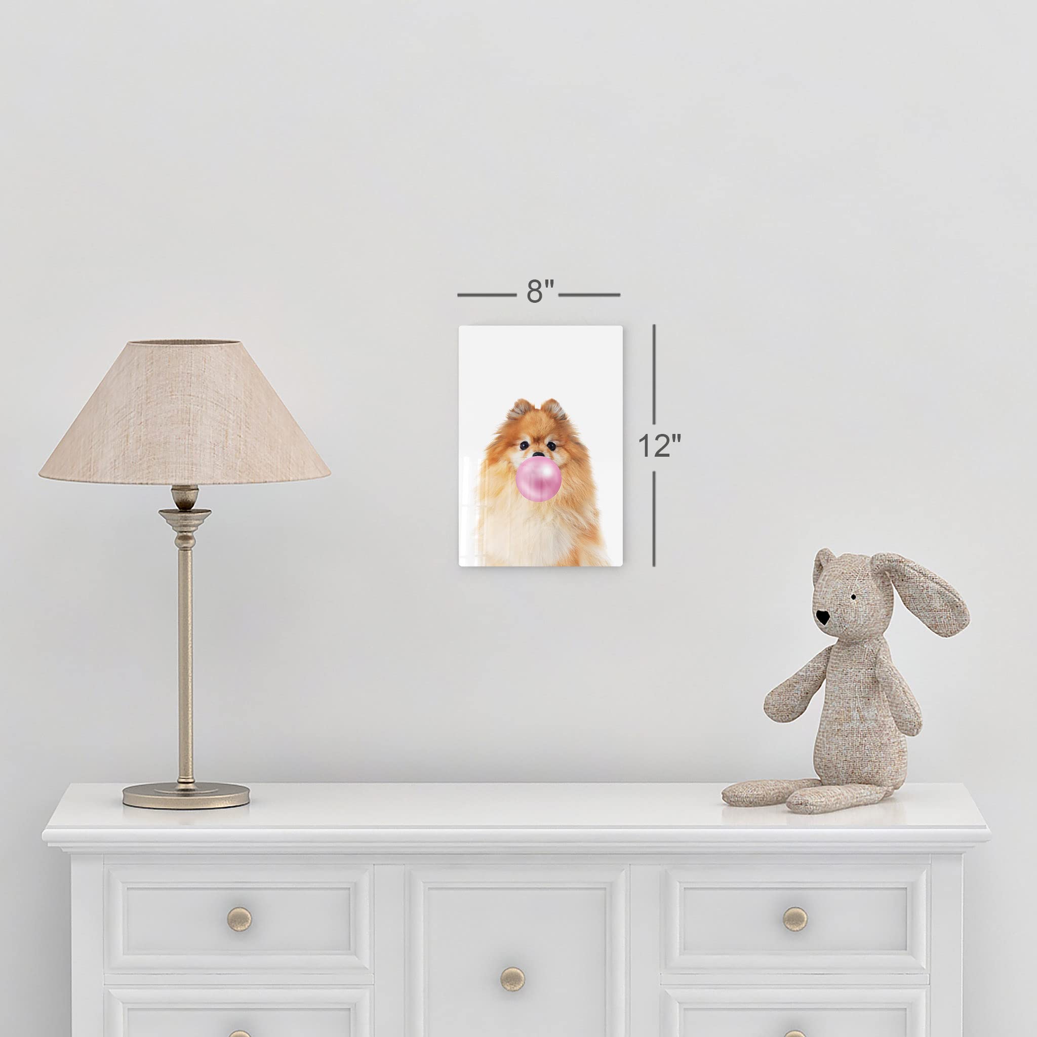 Pomeranian Dog Chewing Pink Bubble Gum Metal Wall Art Print - Pet Lover Gift, Pop Art Decor for Office, Living Room, Bedroom & Nursery (17x11 in) - Perfect for Dog Enthusiasts & Home Decor