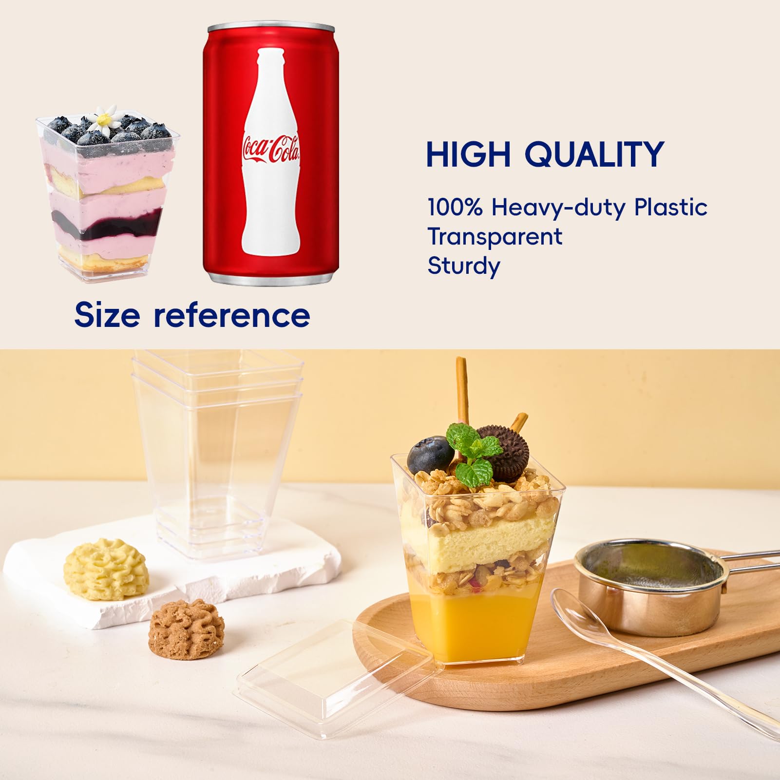 JOLLY CHEF 100-Pack 5 oz Clear Plastic Dessert Cups with Lids & Spoons | Disposable Square Appetizer Containers for Pudding, Fruit, Ice Cream | Perfect for Parties, Catering, and Home Entertaining
