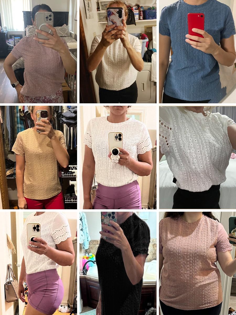 Narecte Women's Summer Tops - Eyelet Embroidery Short Sleeve T-Shirts with Scallop Trim, Casual & Dressy Blouses for Women | Perfect for Office, Date Night & Summer Outings