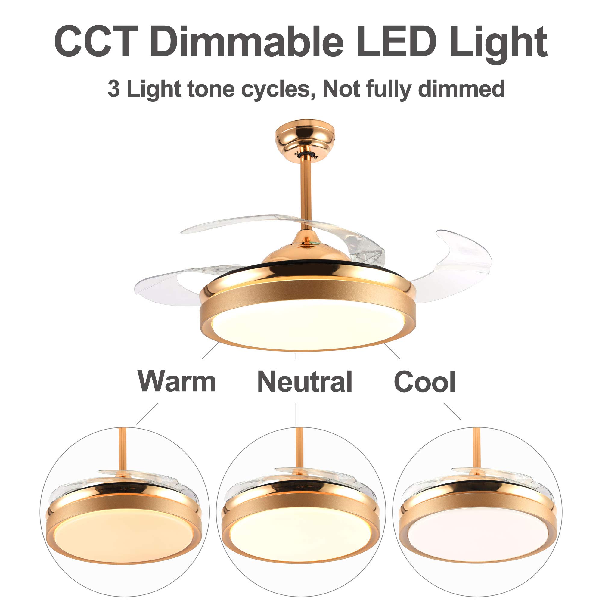 36 Inch Retractable Ceiling Fan with LED Light & Remote Control - Modern Dimmable 3-Color Blades for Bedroom, Living Room & Dining Room - Energy Efficient Gold Finish Home Cooling Solution for Year-Round Comfort
