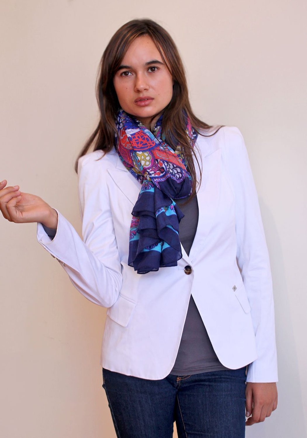 Women's Colorful Blossom Print Scarf - Navy Blue Multicolor Shawl for Spring Fashion & Casual Outfits