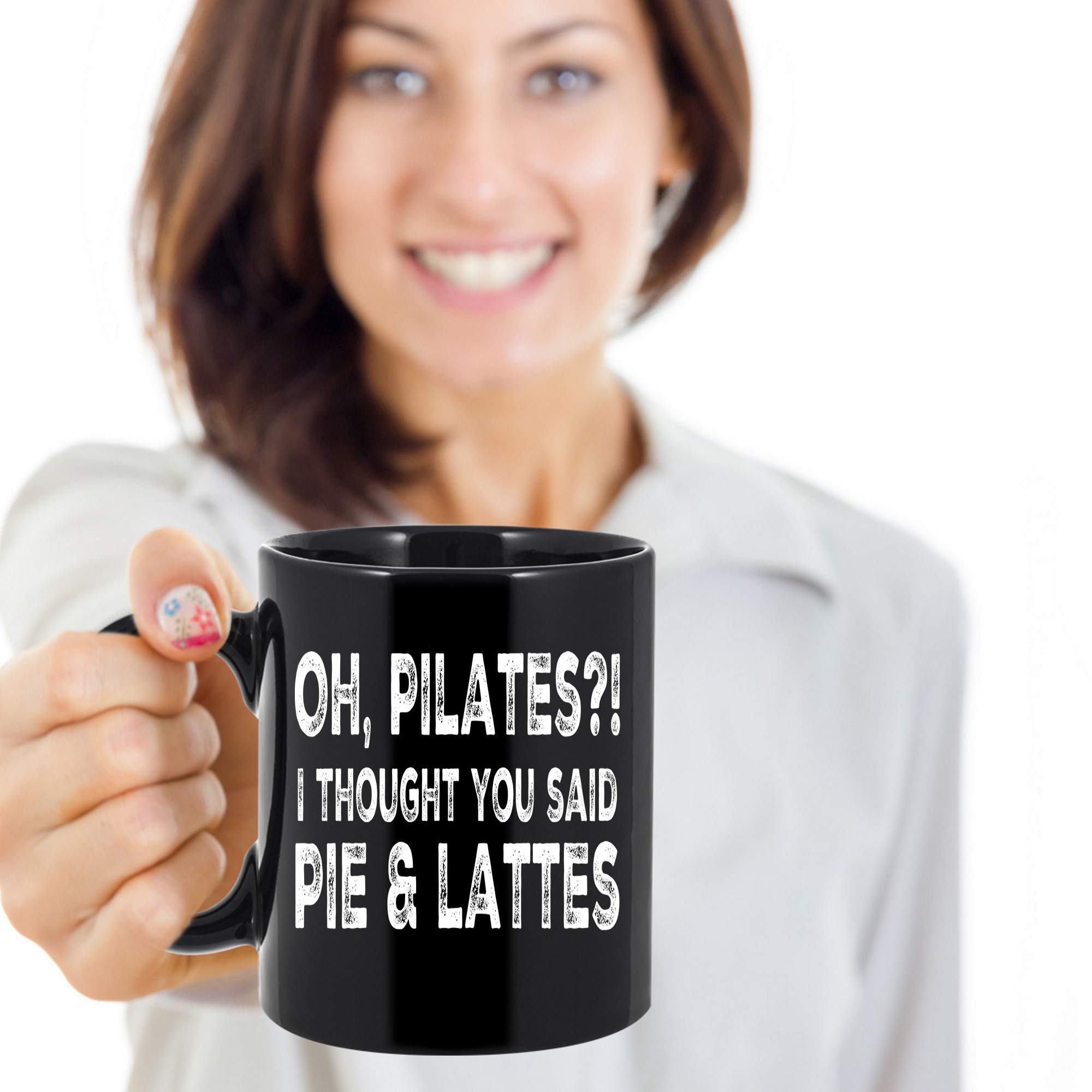 Funny Pilates Coffee Mug - Pie & Lattes Joke 11oz Black Cup for Yoga Lovers