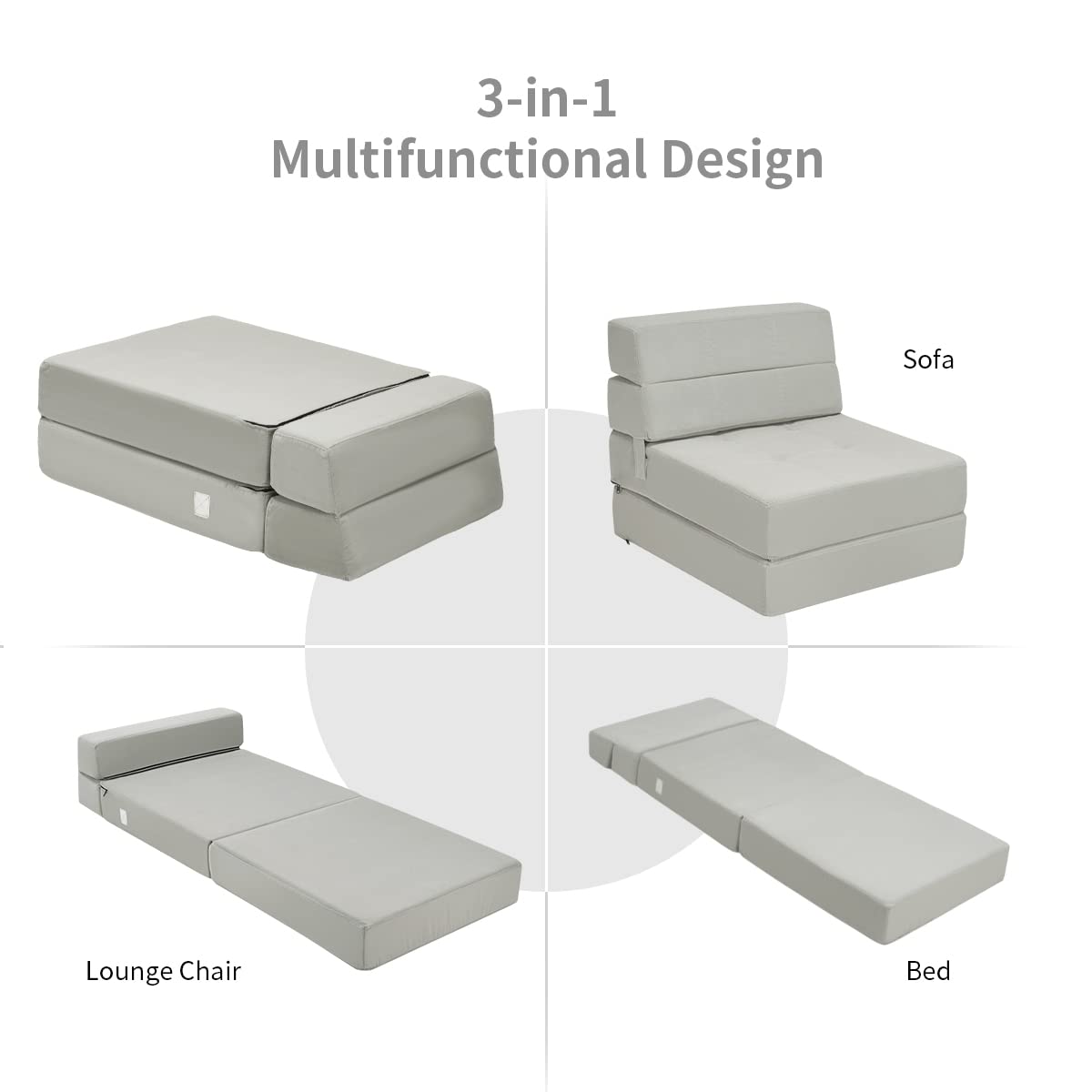 Casart Tri-Fold Memory Foam Sofa Bed - Portable Folding Sleeper with Washable Cover, Padded Cushion Guest Chaise Lounge (Gray) - Perfect for Small Spaces, Guest Rooms & Apartments
