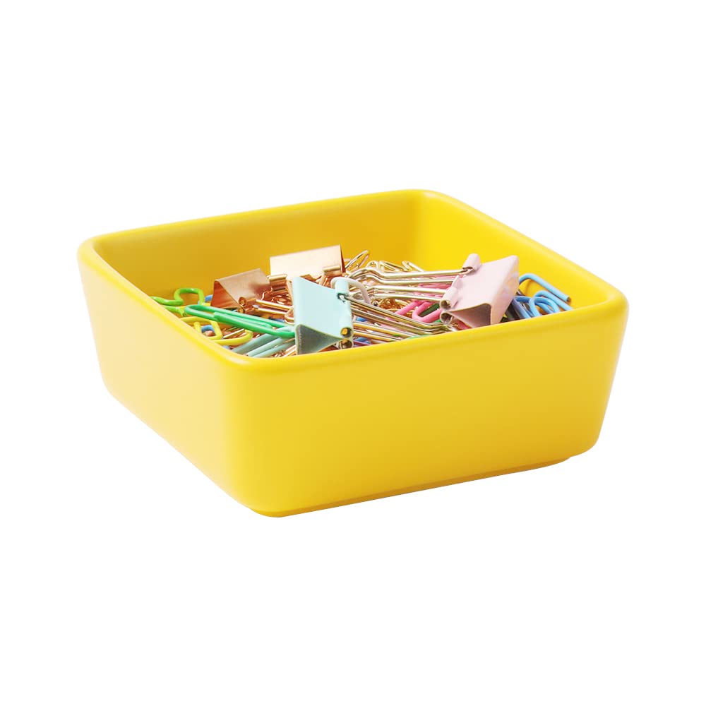 MEI YI TAN Square Yellow Ceramic Paper Clip Holder - Cute Office Desk Organizer for Binder Clips & Paperclips - Perfect Desktop Accessory for Home & Office Organization