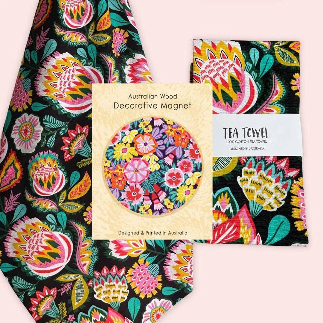 Folk Flowers Tea Towel & Wooden Fridge Magnet Gift Set - Handmade Kitchen Decor, Housewarming Gift for Home, Perfect for Farmhouse Style Kitchens and Rustic Home Decor