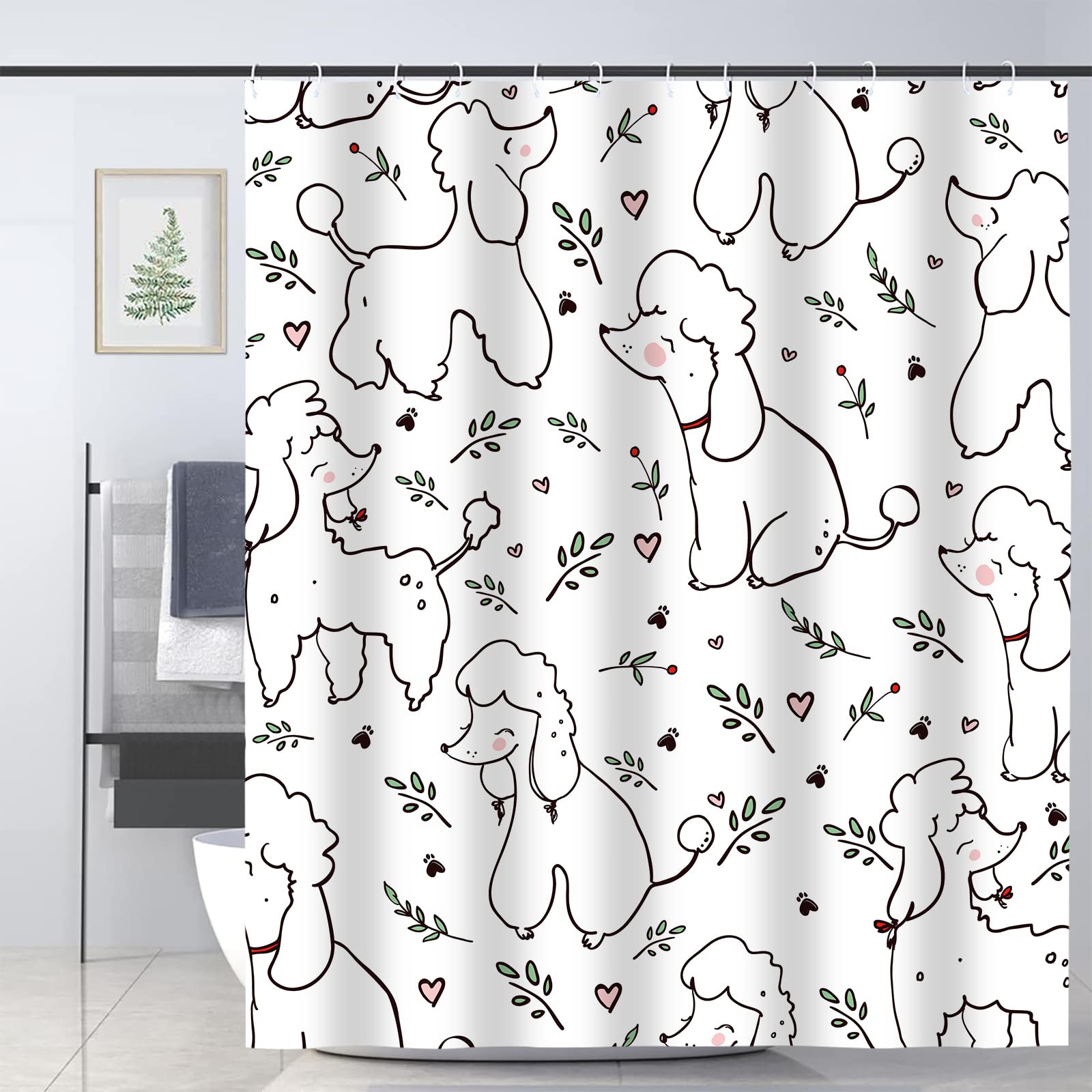 JOOCAR Dog Lover Shower Curtain - Cute Poodle Design Fabric Bathroom Decor Set with Hooks - Perfect for Pet Lovers' Bathroom & Dog-Themed Home Decor