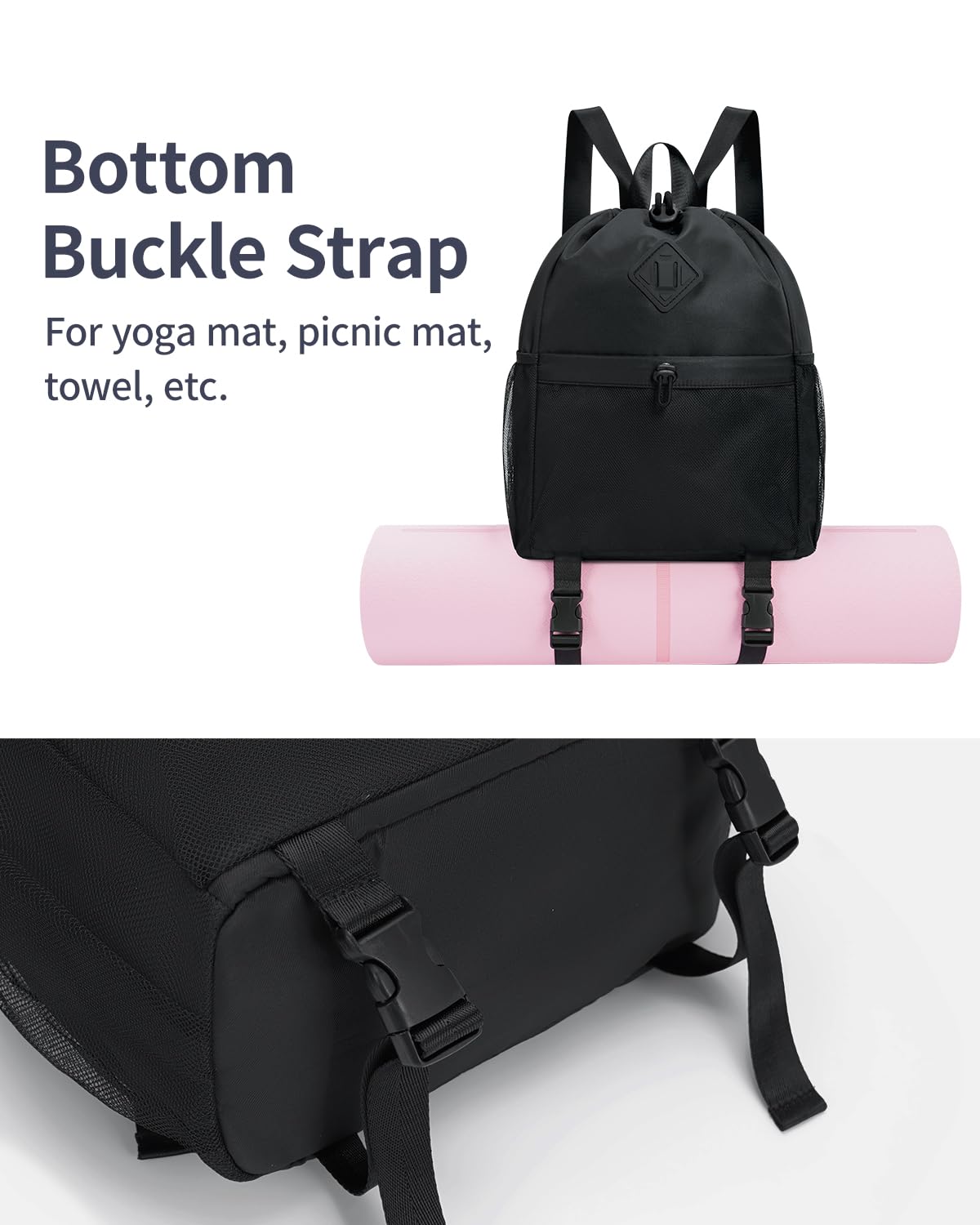 **WANDF Drawstring Backpack - Lightweight Water-Resistant Sports Gym Bag with Yoga Mat Strap & Mesh Pocket for Men & Women - Perfect for Yoga, Gym, Travel & Outdoor Activities (Black, Patent Pending)**