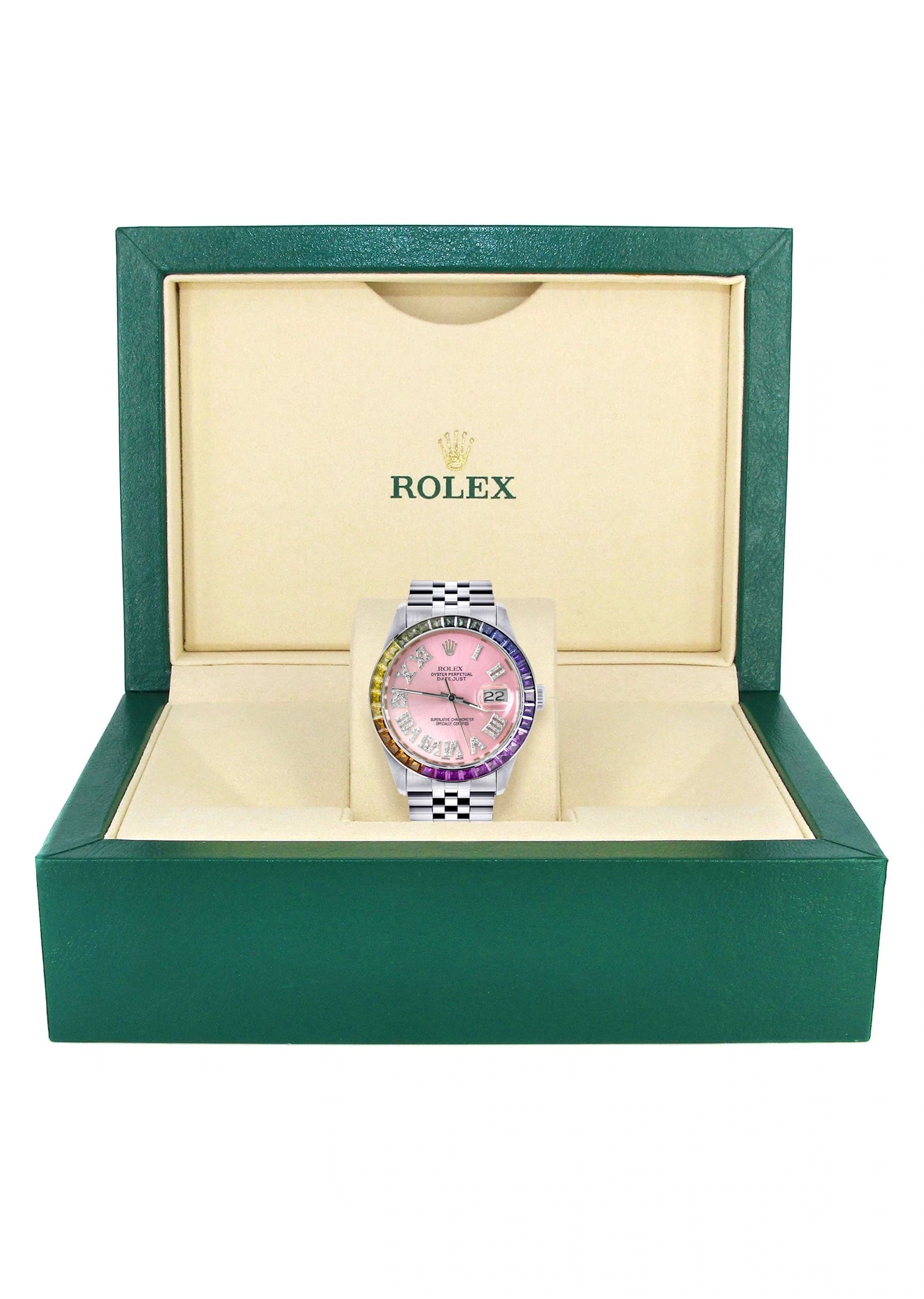 Luxury Diamond Gold Rolex Watch For Men 16200 | 36mm Stainless Steel | Rainbow Sapphire Bezel | Pink Roman Numeral Dial | Jubilee Bracelet | Perfect for Gifts, Weddings & Special Occasions
