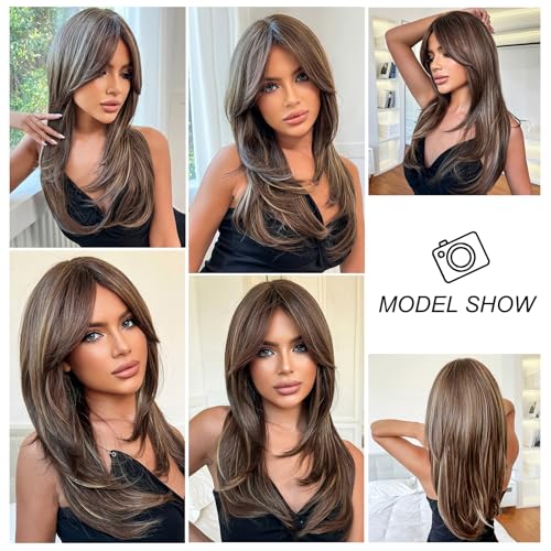 Long Straight Curtain Bangs Mixed Brown Wig for Women - Natural Looking Synthetic Hair for Daily Wear & Cosplay