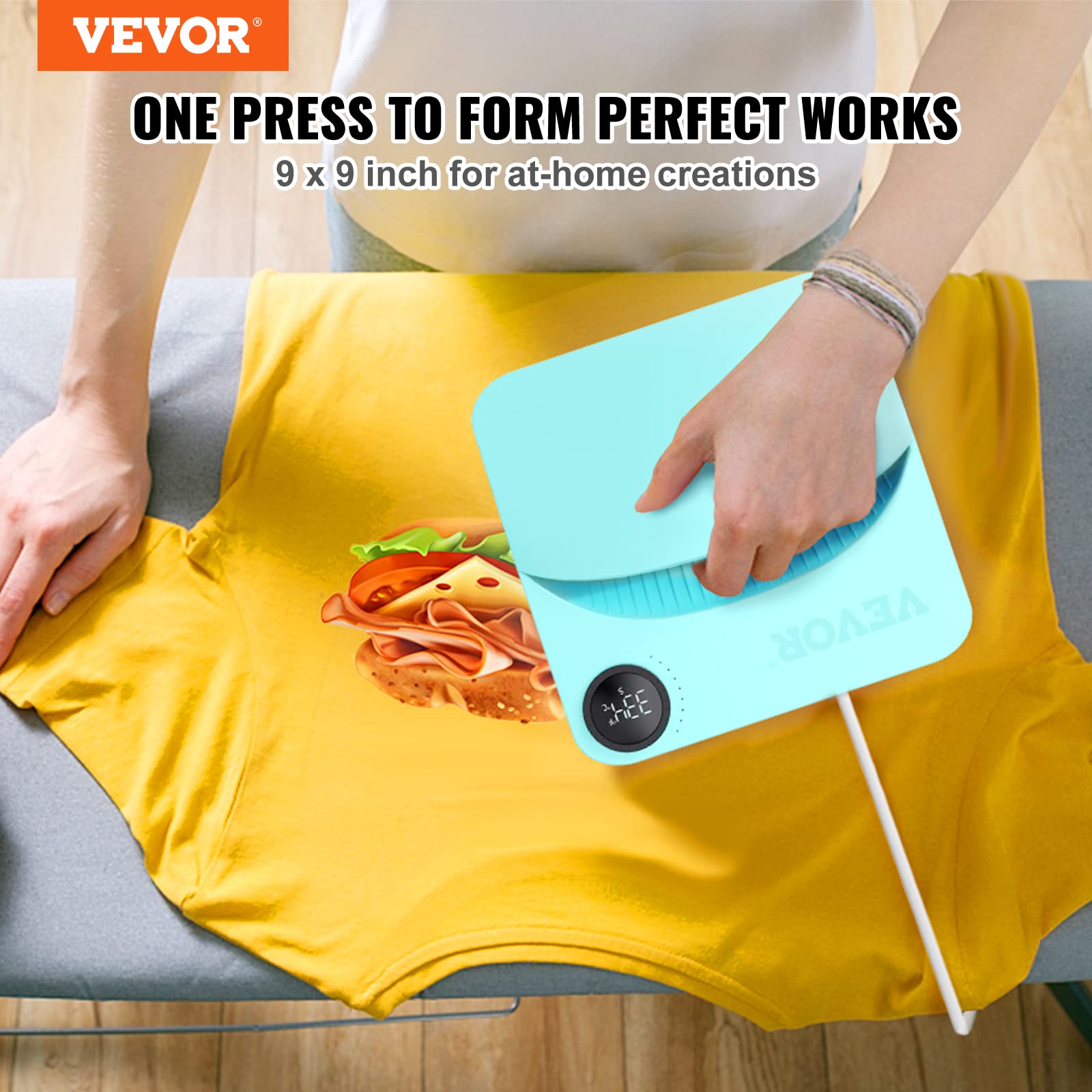 VEVOR 9x9 Inch Heat Press Machine for T-Shirts, Bags & Pillows - Portable Sublimation Transfer Press with Teflon Coating - Perfect for DIY HTV Vinyl Projects, Custom Apparel & Home Crafting