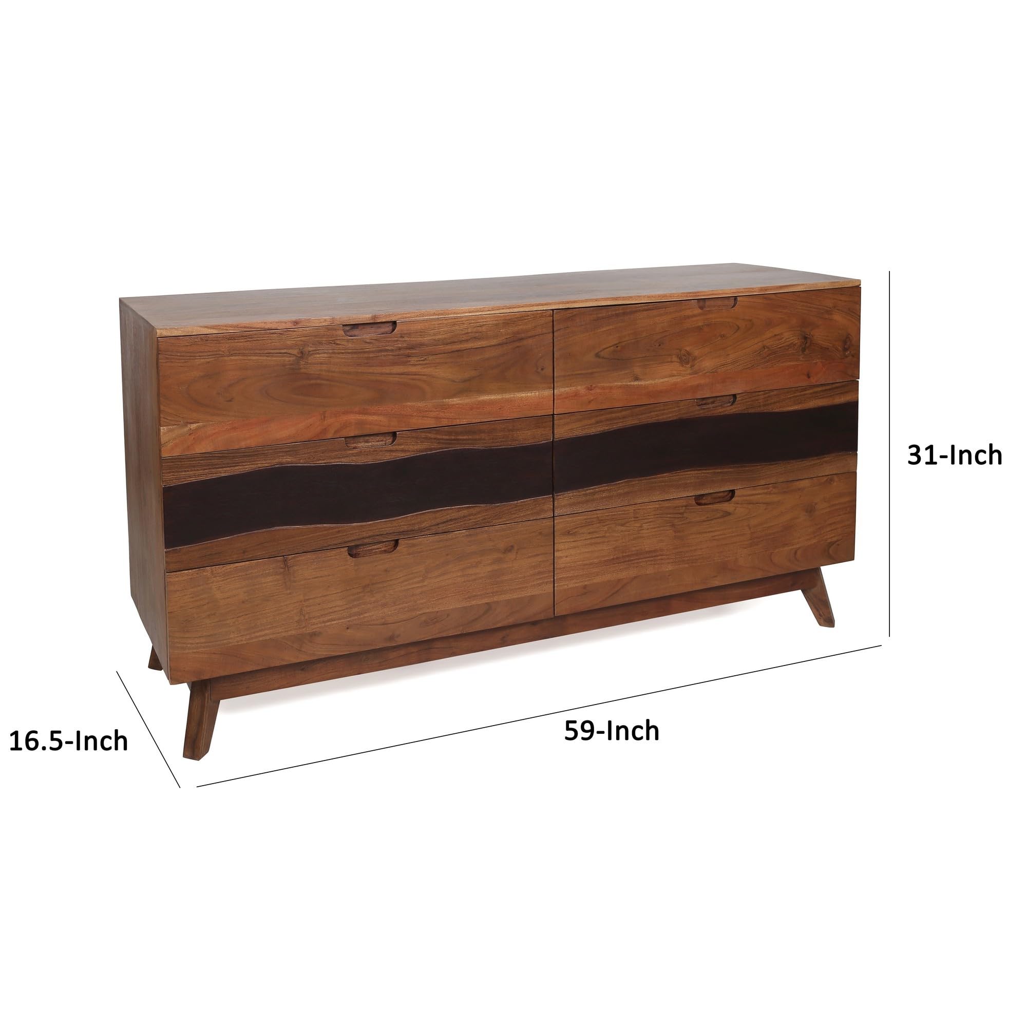 Benjara BM285077 59-Inch Acacia Wood 6-Drawer Long Dresser with Spacious Storage - Brown Finish for Bedroom Furniture & Home Organization