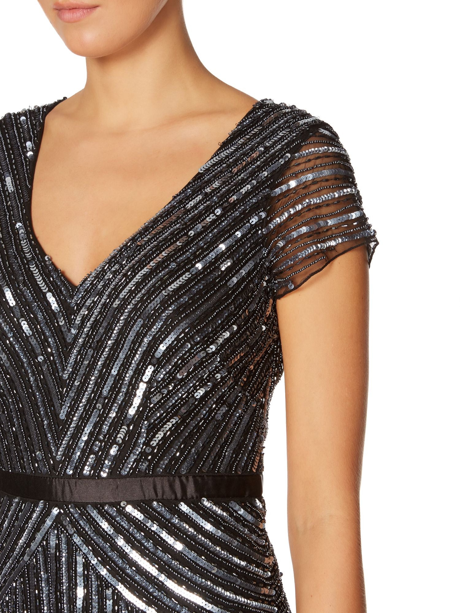 Adrianna Papell Beaded V-Neck Gown in Gunmetal - Elegant Evening Dress for Prom, Wedding & Formal Events