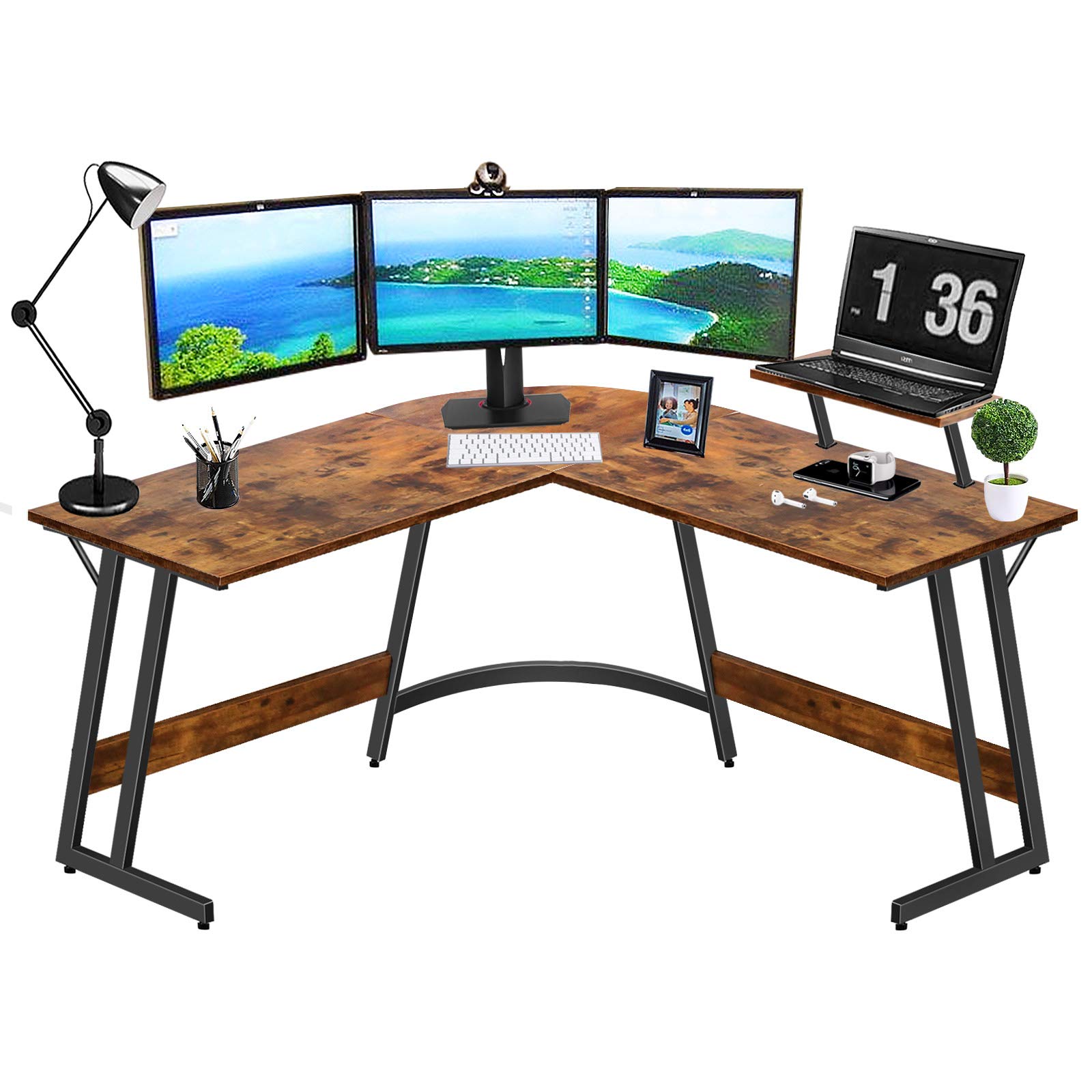 L Shaped Desk 51 Inch - Home Office Computer Corner Desk, Small Writing Study Workstation with Monitor Stand, Space Saving Rustic Brown - Perfect for Gaming, Remote Work & Small Spaces