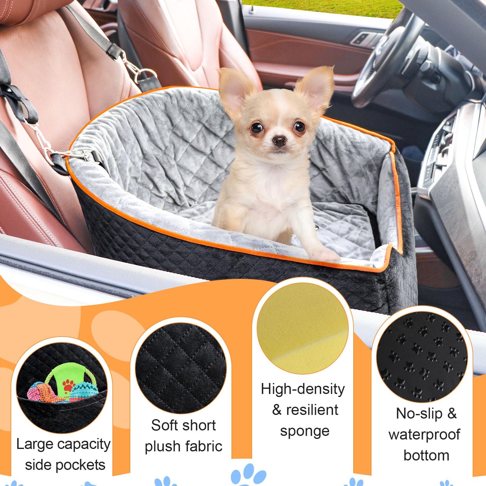 **Memory Foam Dog Car Seat for Small Dogs up to 35 lbs - Washable & Removable Cover with Storage Pockets (Black/Gray) - Perfect for Road Trips, Vet Visits & Daily Commutes**