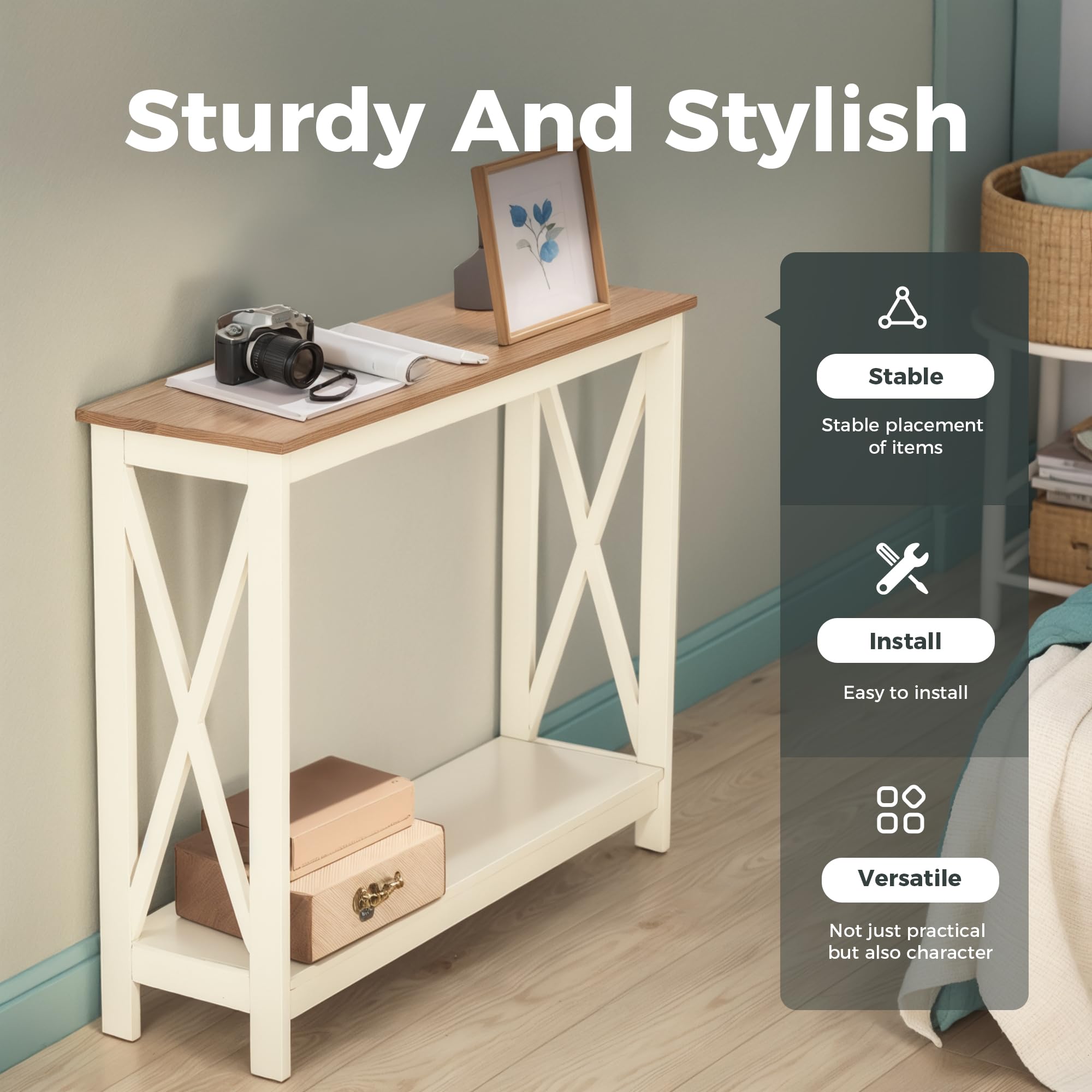 Modern Farmhouse Console Table - Narrow Entryway Sofa Table for Living Room, Ivory White | Perfect for Hallway, Foyer & Behind Couch Decor