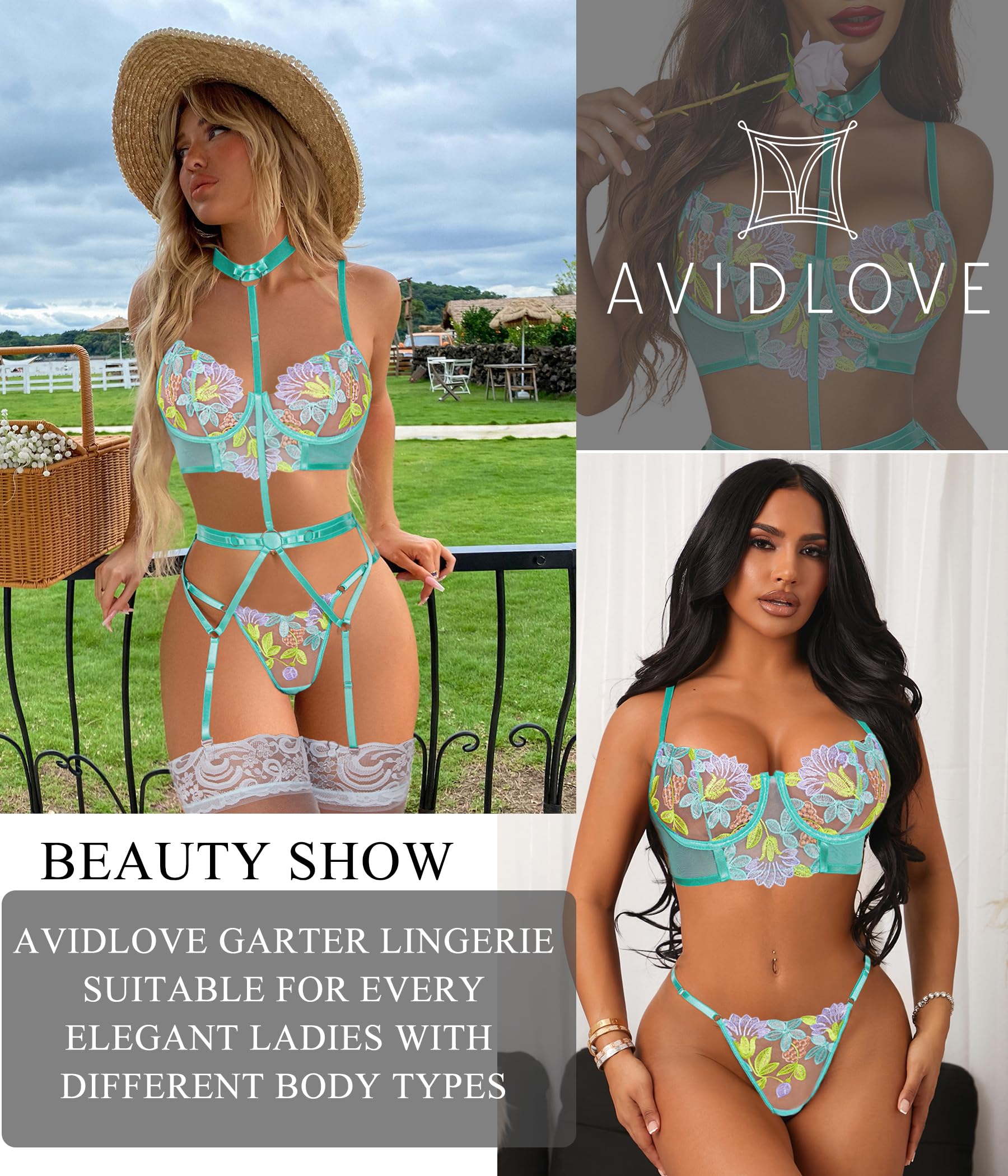 **Avidlove Women's Sexy Garter Lingerie Set with Removable Choker & Floral Embroidered Underwire - Elegant Boudoir & Special Occasion Wear (No Stockings Included)**