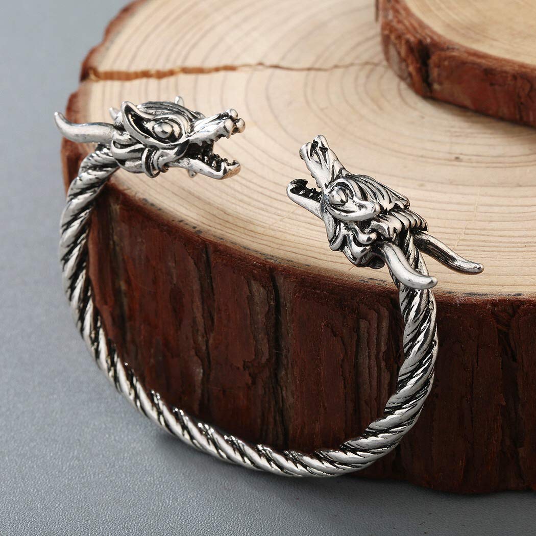 AILUOR Men's Viking Dragon Cuff Bracelet - Adjustable Norse Pagan Jewelry for Men in Gold & Silver - Cool Polished Twisted Arm Ring Bangle for Viking LARP, Cosplay & Medieval Fashion Accessories
