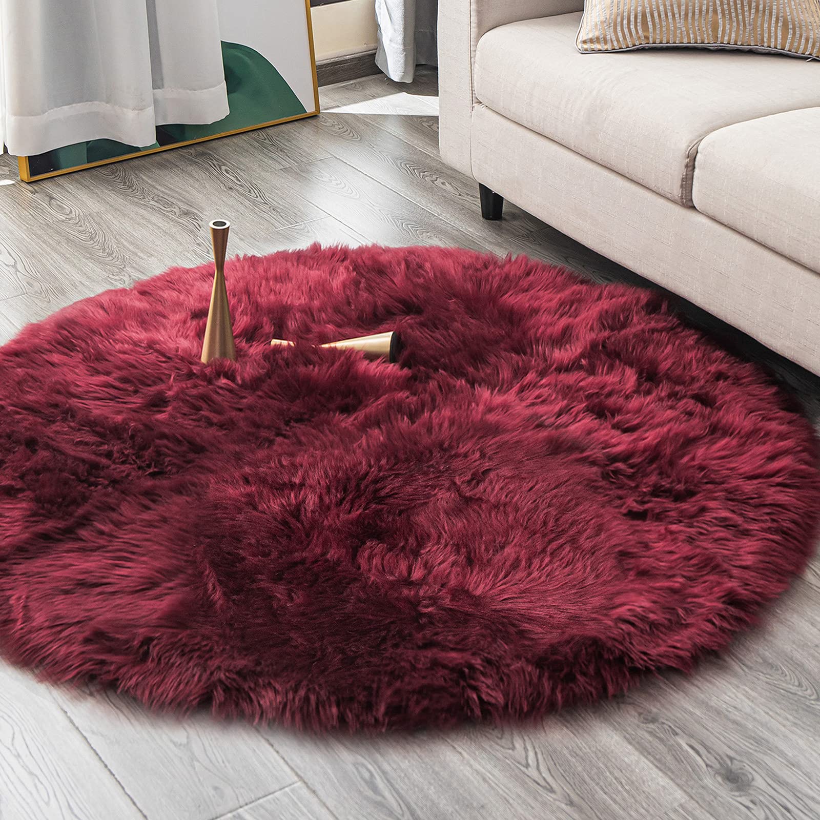 Faux Sheepskin Round Rug 5ft - Soft Fluffy Carpet for Living Room & Nursery