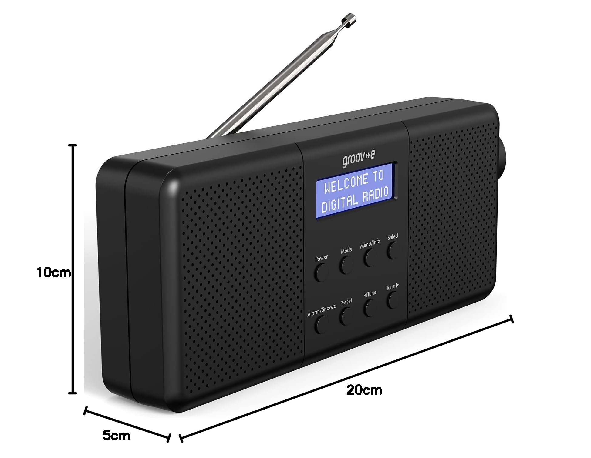 Groov-e Vienna Rechargeable DAB & FM Digital Radio with Bluetooth, Alarm Clock & LCD Display - Portable Wireless Radio for Home, Office, Travel - 40 Preset Stations, Micro USB/Battery Powered - Black