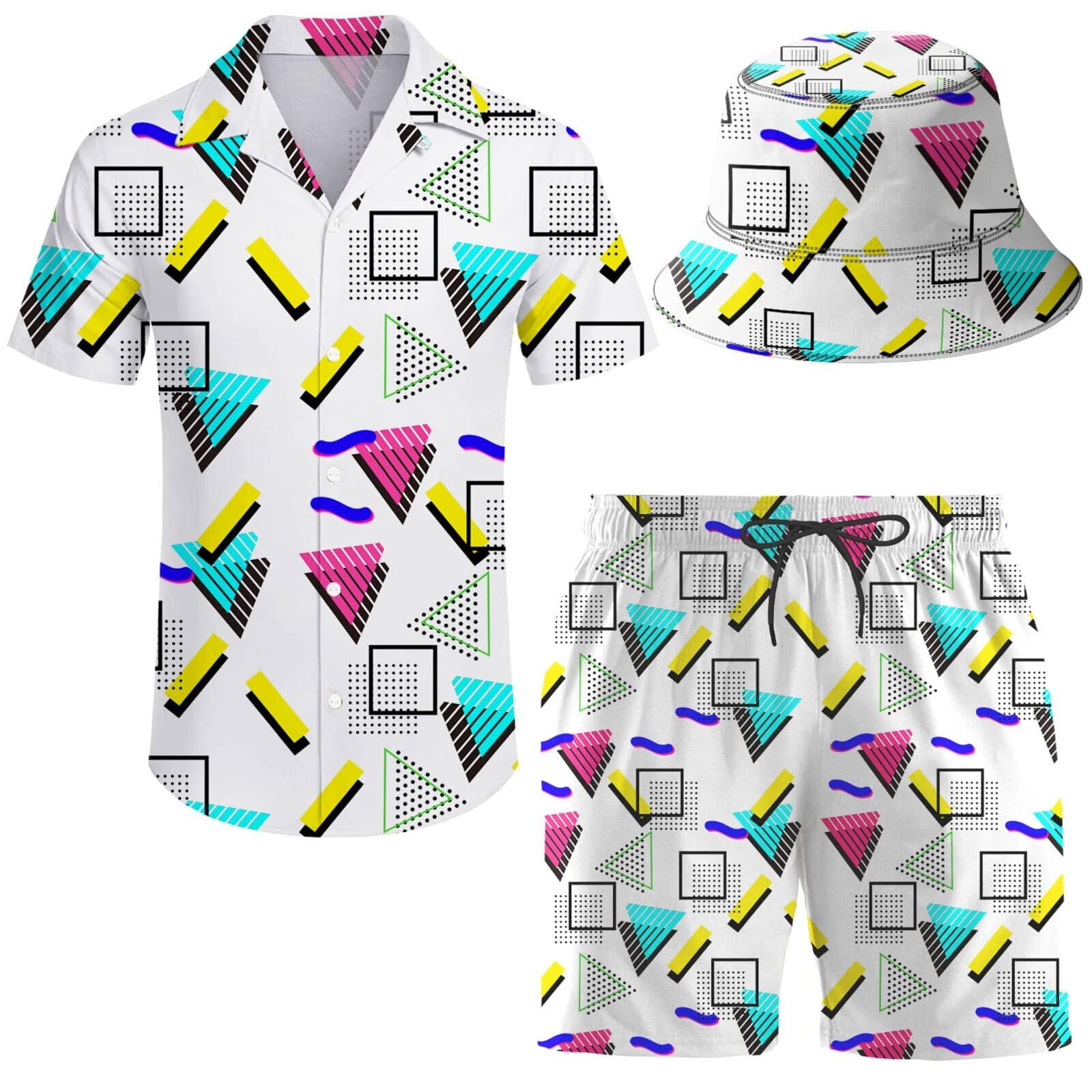 Hawaiian Shirt and Shorts Set for Men - 2 Piece Summer Outfit with Bucket Hat | Beach Vacation, Luau Party, Casual Wear
