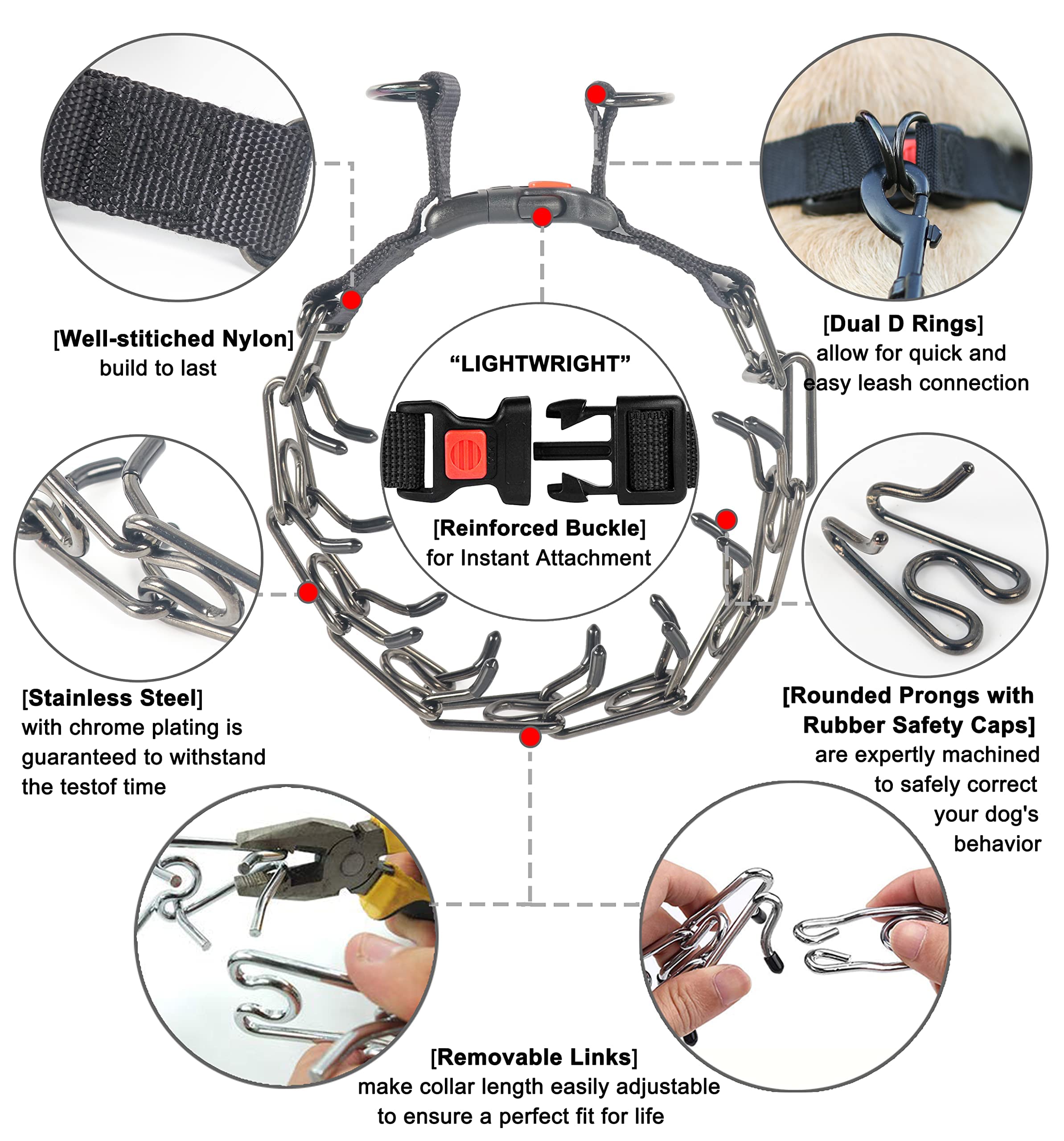 No Pull Dog Prong Collar for Small Medium Large Dogs - Adjustable Pinch Collar with Quick Release Buckle, Safety Clip & Rubber Tips - Training Collar for Walking, Obedience & Behavior Correction (Medium)