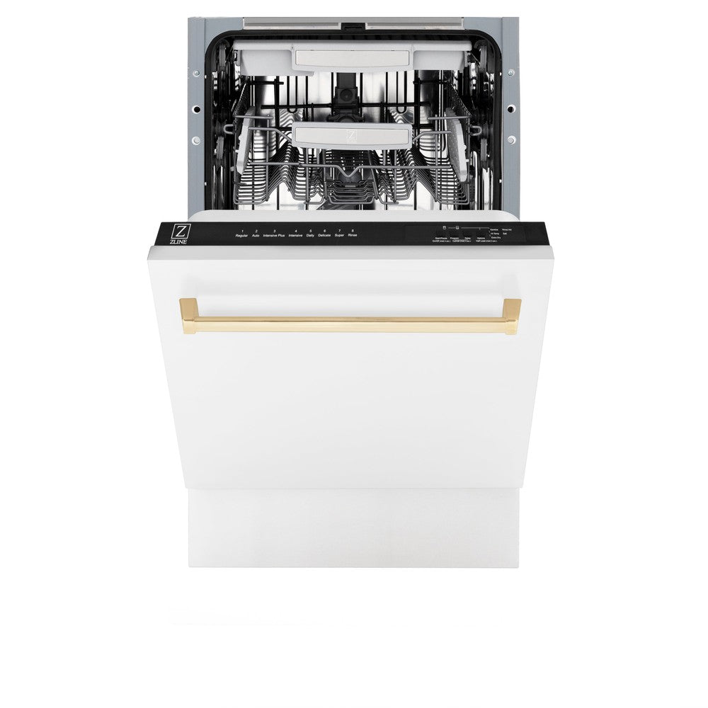 ZLINE Autograph Edition 18-Inch Compact Dishwasher with 3rd Rack - White Matte Finish & Polished Gold Handle, Ultra Quiet 51dBa (DWVZ WM 18 G) - Perfect for Small Kitchens, Apartments, and RV Living