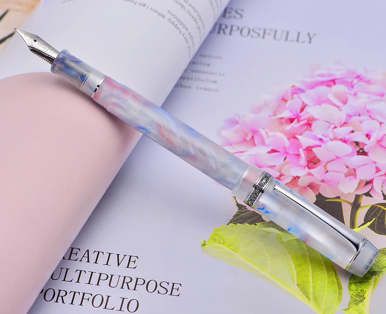 Erofa Kaigelu 316A Extra Fine Nib Fountain Pen with Ink Converter - Dream Blue Pink Marble Acrylic Writing Pen for Calligraphy, Journaling & Office Use