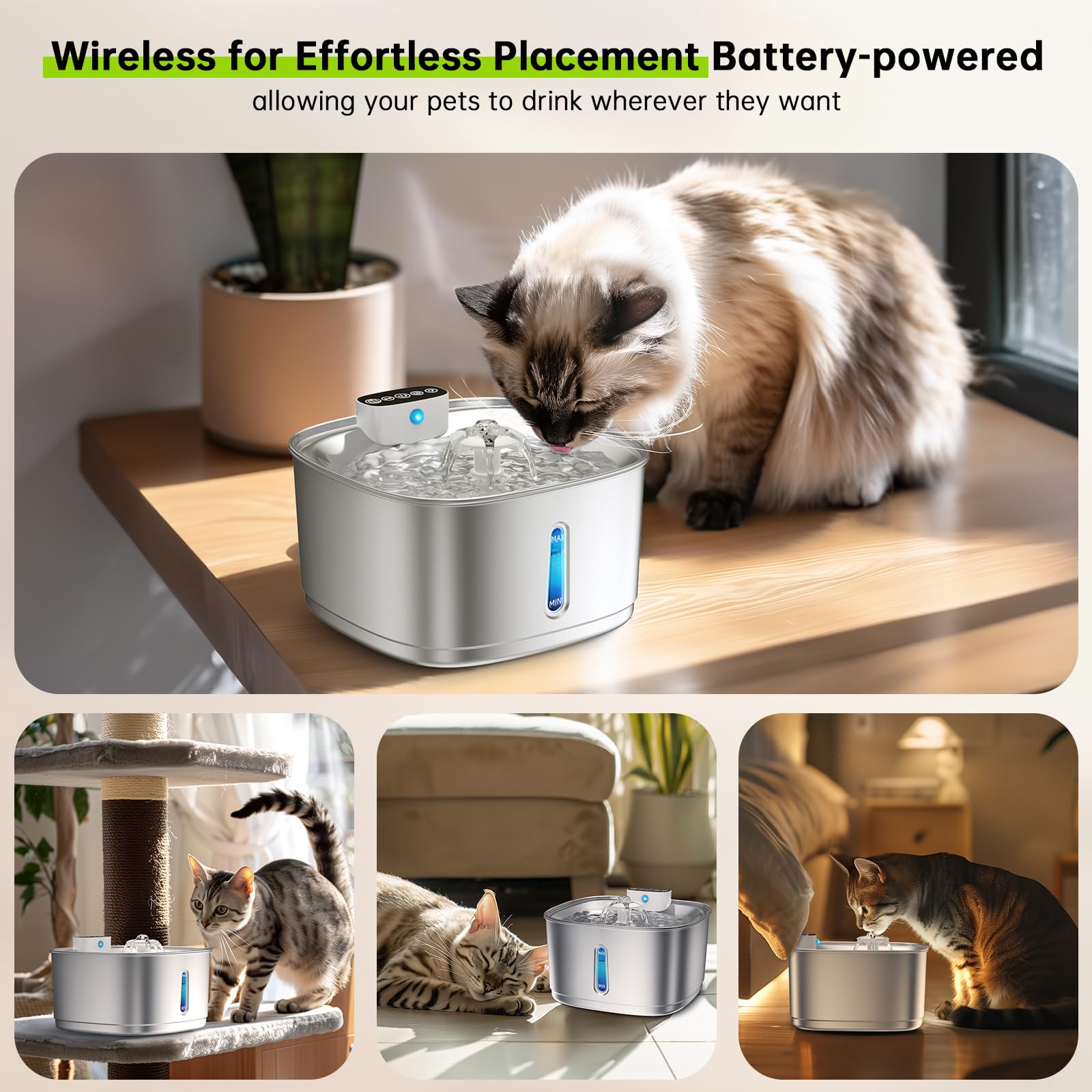 Stainless Steel Cat Water Fountain Wireless - 108oz/3.2L Cordless Pet Fountain with 4000mAh Battery, Motion Sensor & 3 Modes, Ultra Quiet Automatic Water Dispenser for Cats, Dogs, and Small Pets | Indoor Home Use for Hydration & Pet Health
