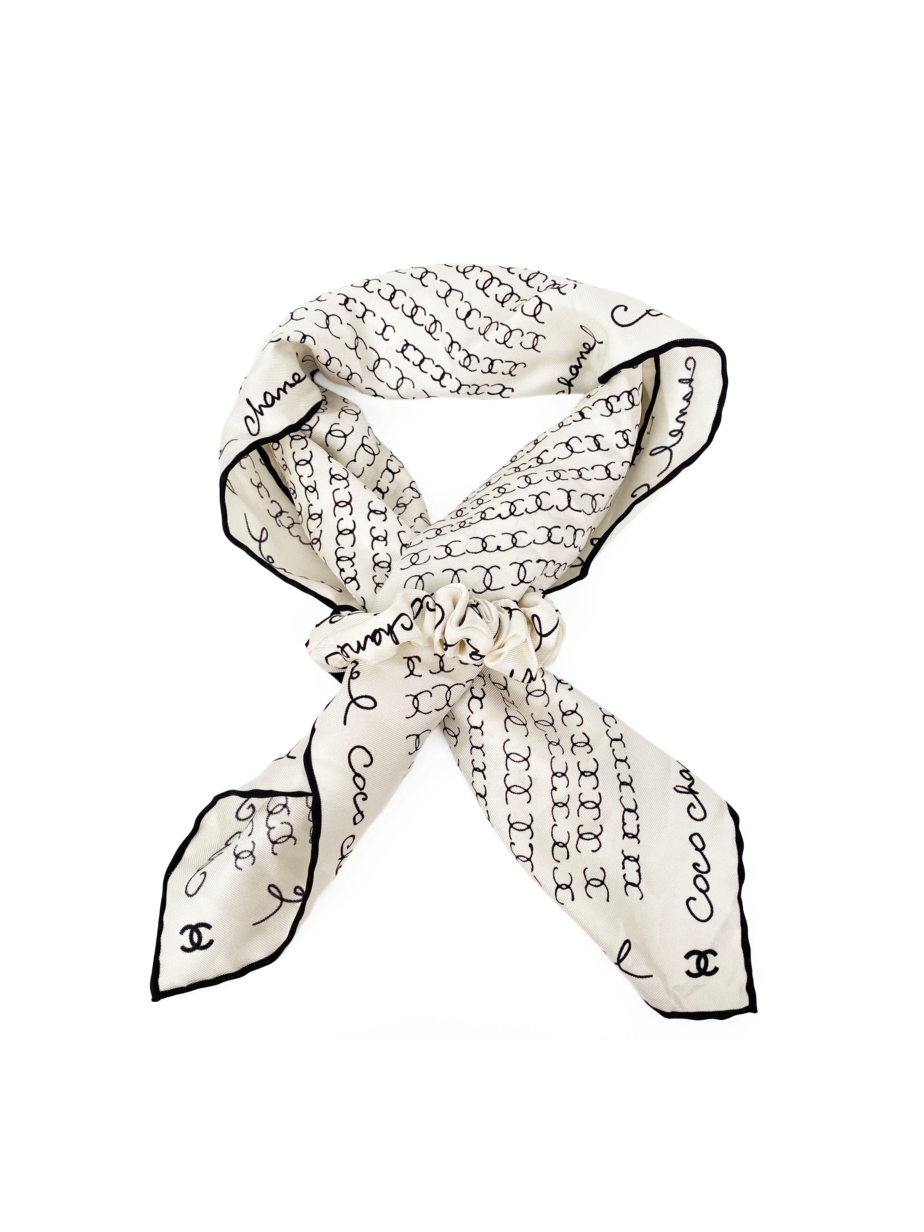 Chanel White and Black Silk Scrunchie & Headscarf Set - Luxury Hair Accessories for Women, Elegant Headband & Ponytail Holder - Perfect for Parties, Weddings, and Everyday Fashion