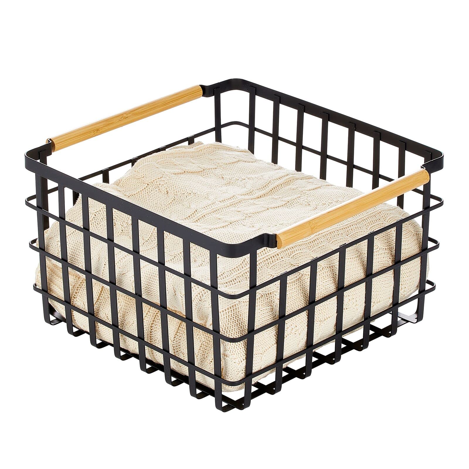 Metal Wire Storage Basket with Bamboo Handles - Square Organizer for Closet, Shelves, Linens, Blankets & Accessories | Yami Collection in Matte Black/Natural | Perfect for Bedroom, Bathroom & Entryway Organization