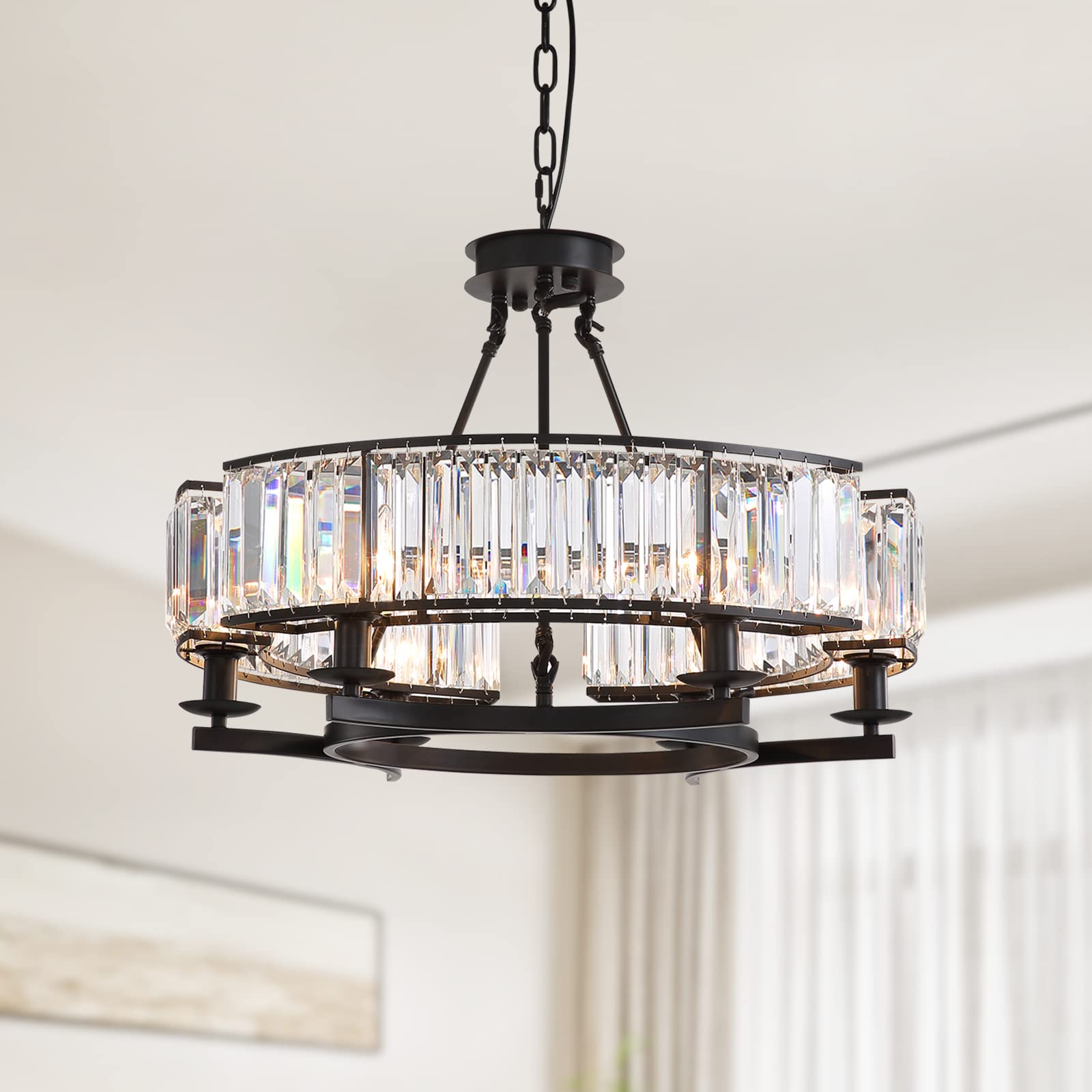 Siljoy Modern Round Crystal Chandelier - Vintage Farmhouse Black 6-Light Pendant Lighting, Rustic Flush Mount Ceiling Fixture for Dining Room, Kitchen, Foyer - 25.6 Inch Diameter - Perfect for Farmhouse Decor, Wedding Venues & Restaurant Lighting