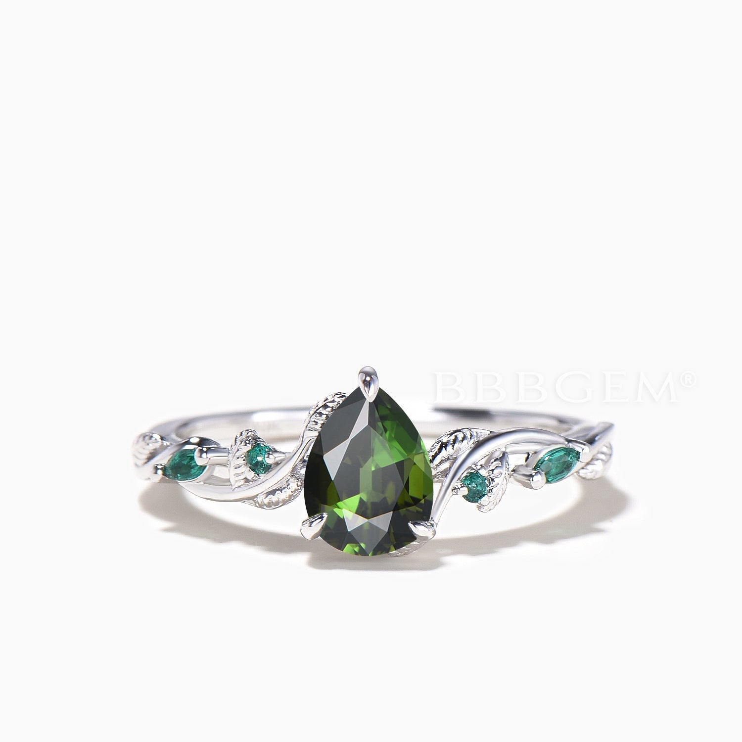 Pear Cut Natural Green Tourmaline Leaf Engagement Ring with Agate & Diamond Accents - Elegant Bridal Set for Wedding, Proposal & Anniversary Celebrations