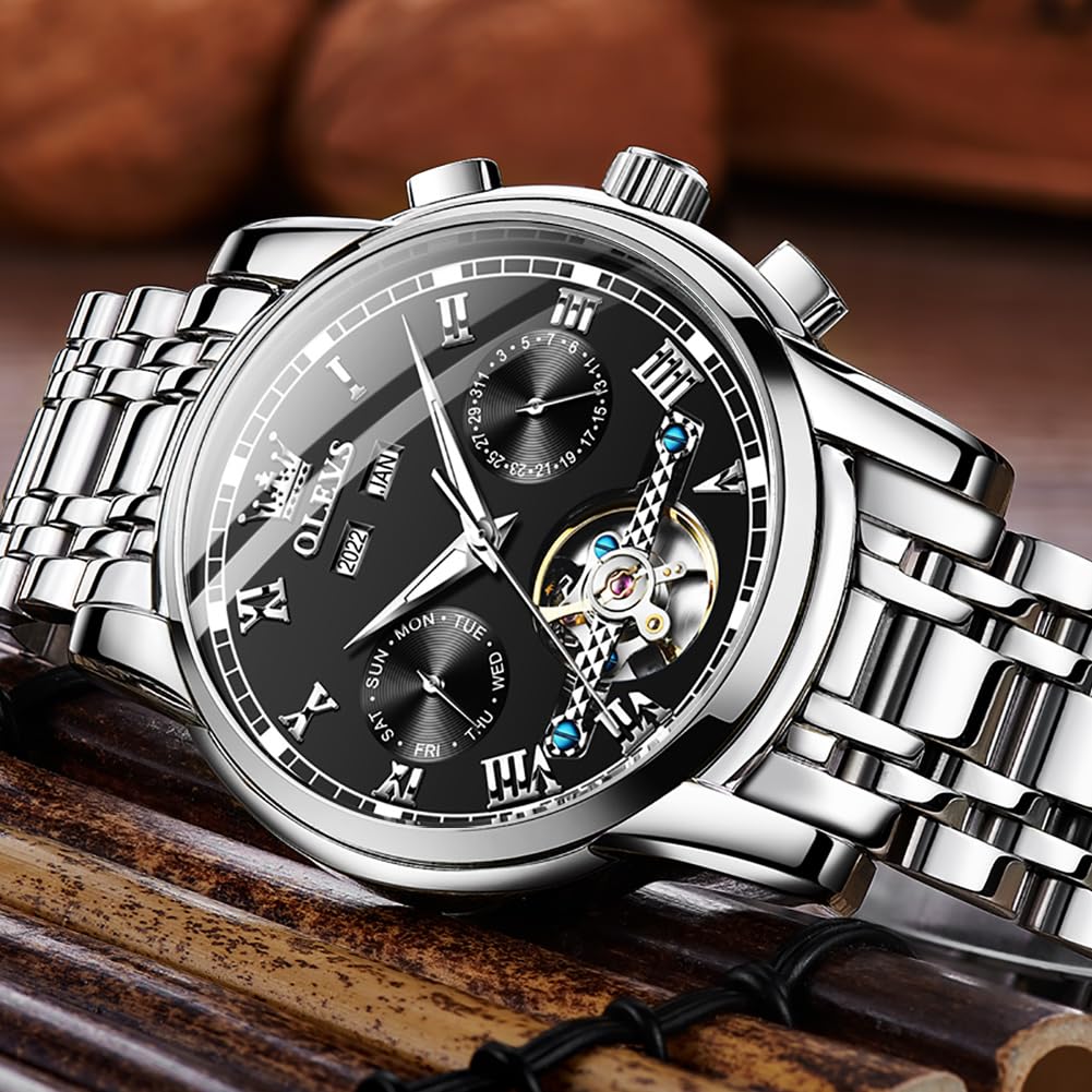 OLEVS Automatic Self-Winding Mechanical Watch for Men - Luxury Stainless Steel Business Chronograph with Multi-Calendar, Waterproof & Luminous Dial - Perfect for Office, Formal Events & Everyday Wear