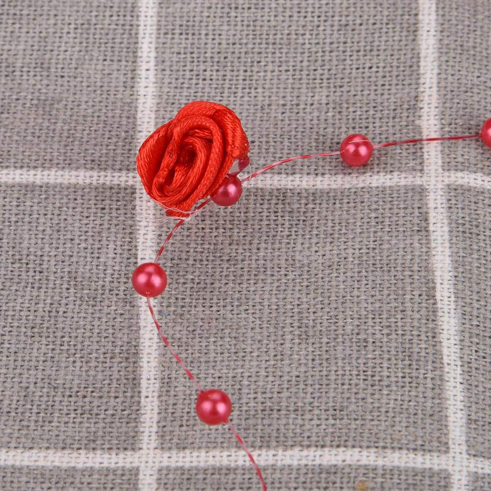 32.8ft Artificial Rose Pearl Beaded Ribbon - Red Floral Wire Beads Fabric Trim for DIY Wedding Decorations, Gift Wrapping, Hair Accessories & Home Crafting