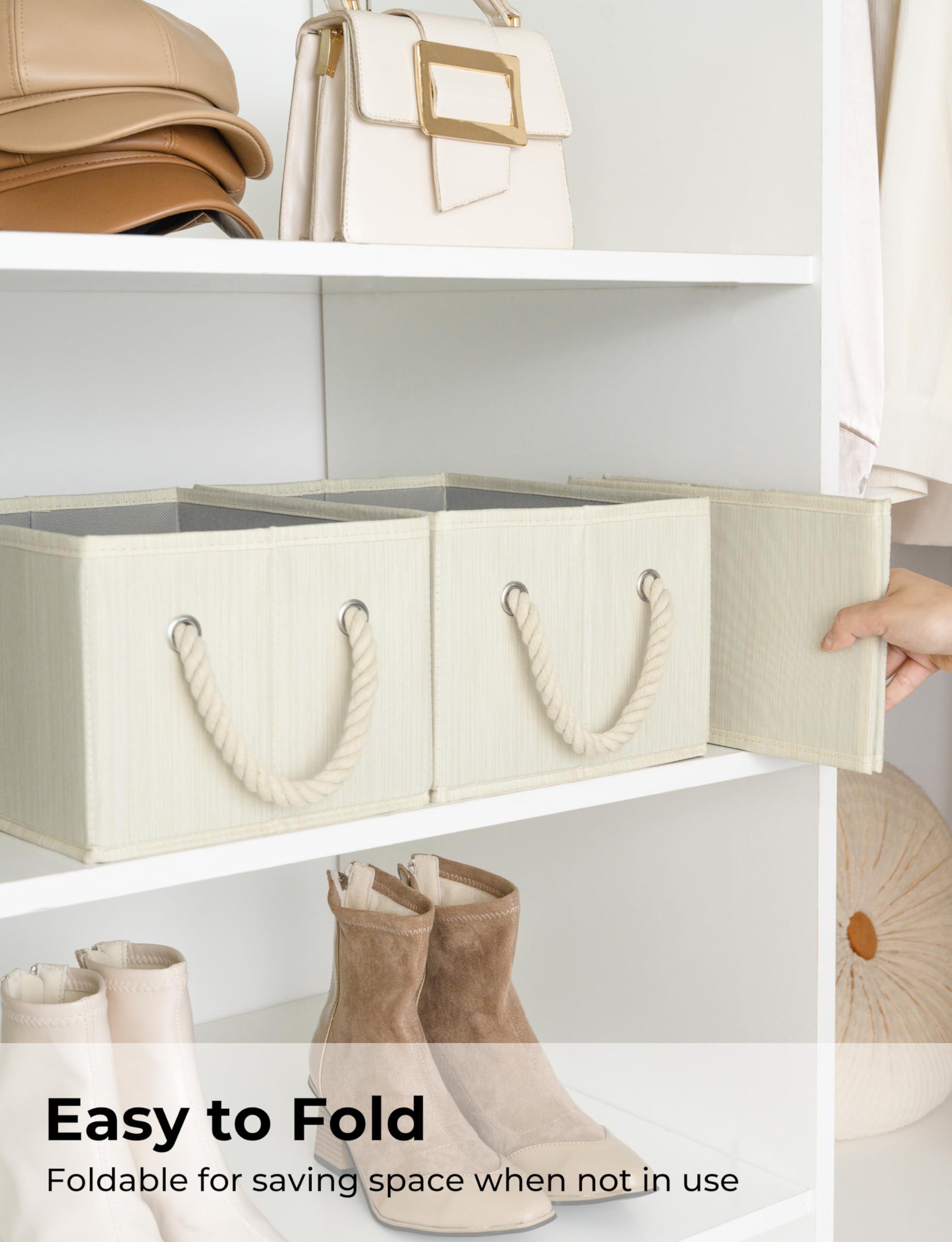 Foldable Fabric Storage Bins with Handles - 3-Pack Small Closet Organizer for Shelves | Beige, White & Ivory | Space-Saving Clothes & Home Organization | Perfect for Bedroom, Bathroom & Kids Room Storage