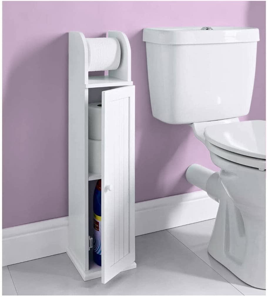 Free Standing White Wooden Toilet Paper Roll Holder with Shelf - Bathroom Storage Tissue Organizer for Modern Homes | Space-Saving Bathroom Accessory for Toilet, Vanity & Guest Room