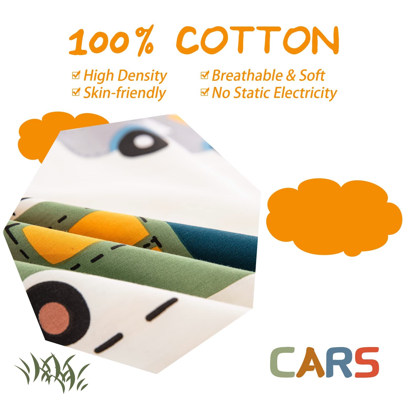 Cartoon Cars Duvet Cover Set Twin Size - 100% Cotton Breathable Bedding (1 Duvet Cover + 1 Pillowcase) | Reversible Stripes Printed Comforter Cover for Kids, Teens, Boys & Girls | Perfect for Bedroom Decor, Sleepovers & Gift Giving