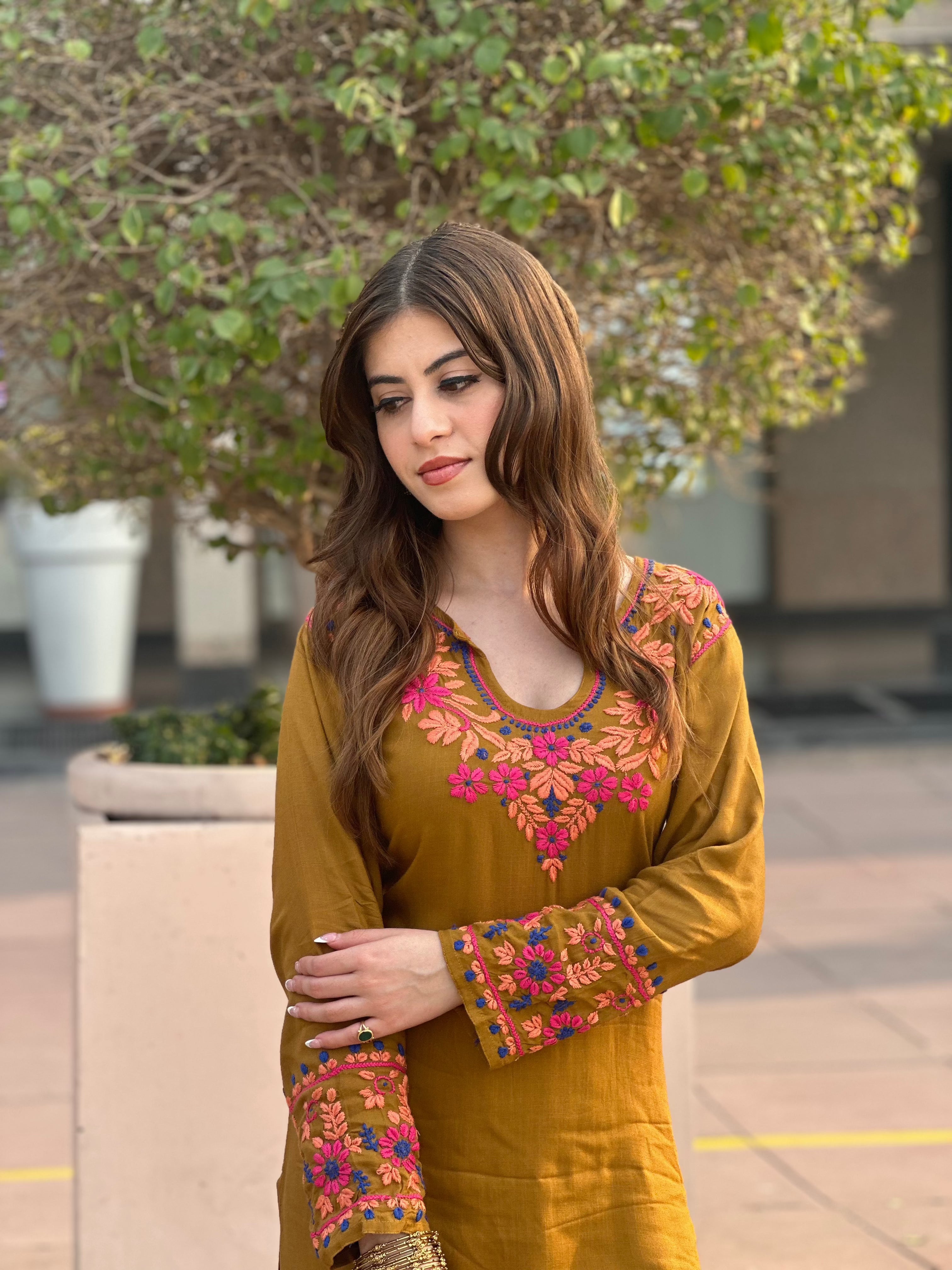 Fizaa's Chikankari Cotton Silk Kurta Set for Women - Mustard Color | Elegant Indian Ethnic Wear | Perfect for Festivals, Weddings & Special Occasions