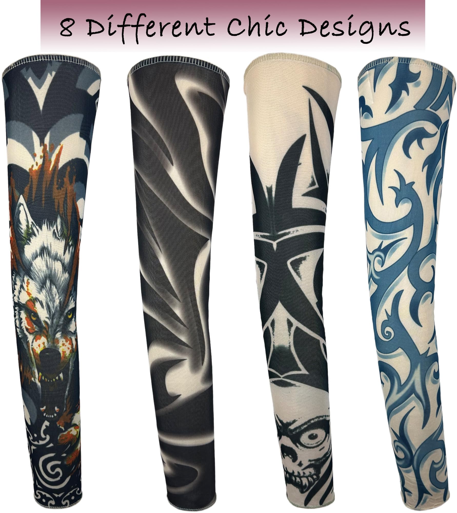 8 Pcs Fake Tattoo Sleeves for Men - UV Protection & Cooling Temporary Arm Tattoos (Buddha, Dragon, Flower, Monster, Tribal Designs) - Perfect for Halloween, Cosplay, Parties and Costume Events