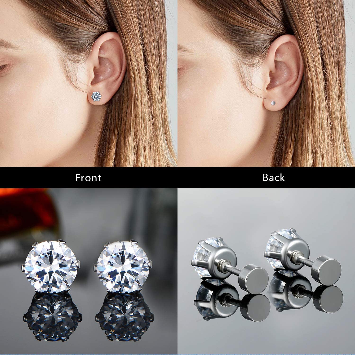 Hypoallergenic Surgical Stainless Steel Earrings for Women & Men - Flat Screw Back Helix Post, Cubic Zirconia Simulated Diamond Round Ball Stud Multipack | Perfect for Daily Wear, Work, Parties & Gifts