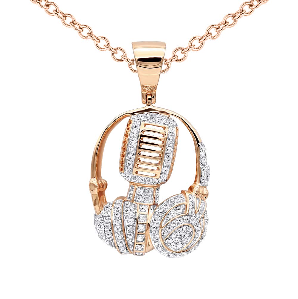 14k Gold & .925 Sterling Silver 1Ct Round Cut White Diamond Microphone & Headphones Pendant - Perfect Gift for Music Lovers, DJs, and Singers