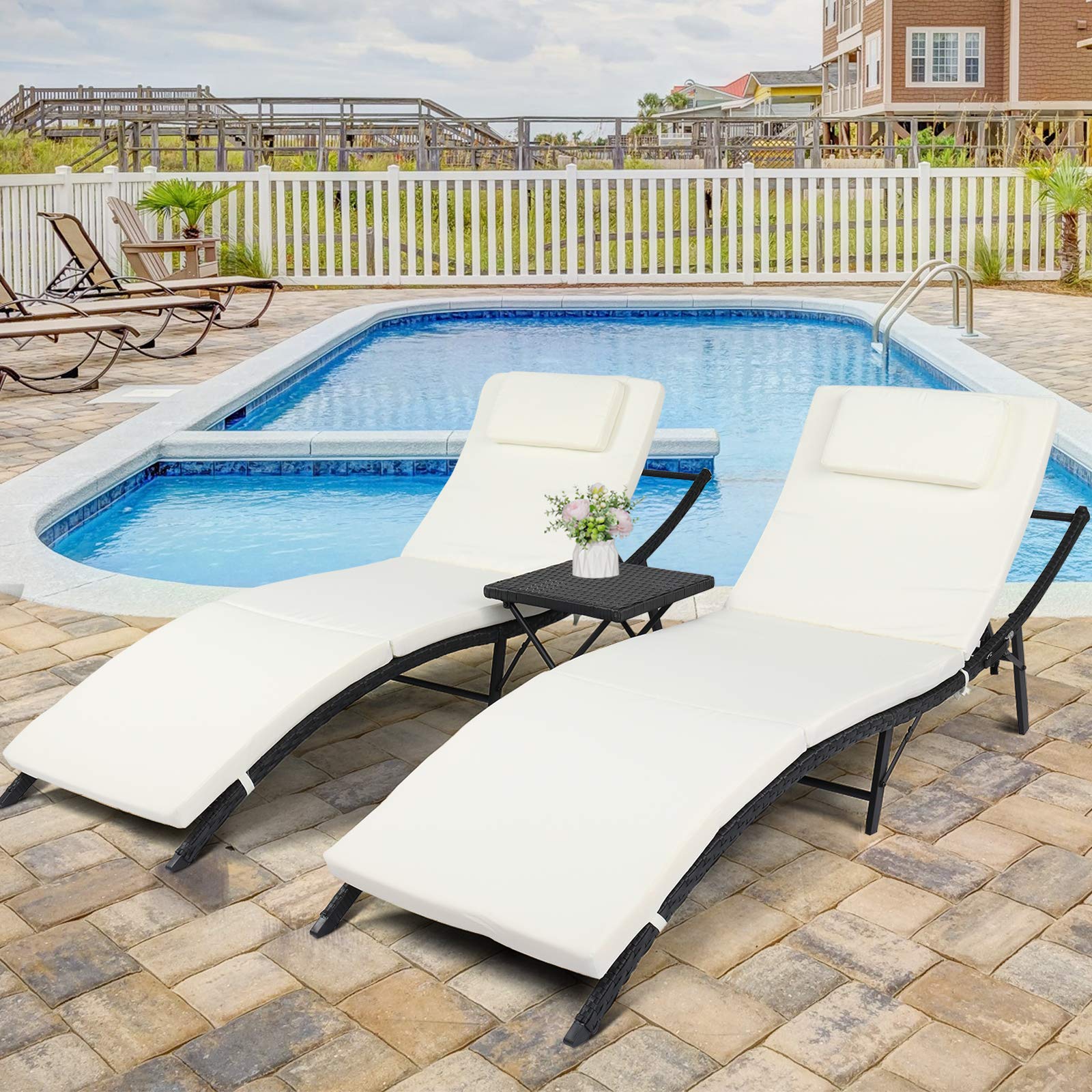 Premium Outdoor Wicker Chaise Lounge Chair Set of 2 - Adjustable Reclining Rattan Patio Furniture with Cushions for Poolside, Garden & Backyard Relaxation (Style 8)